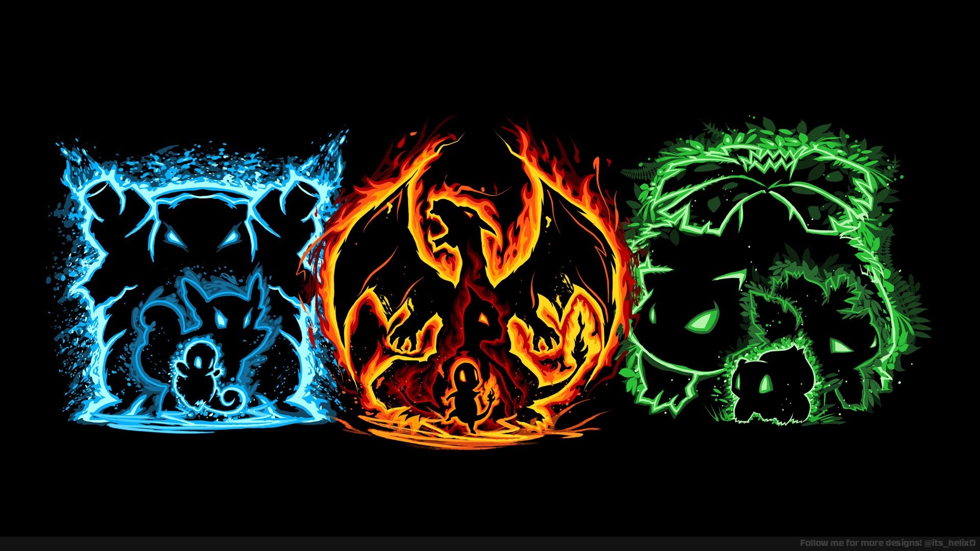Blastoise, Charizard, Venusaur, Pokémon, Neon, Sfondo nero, Full HD, wallpaper per computer