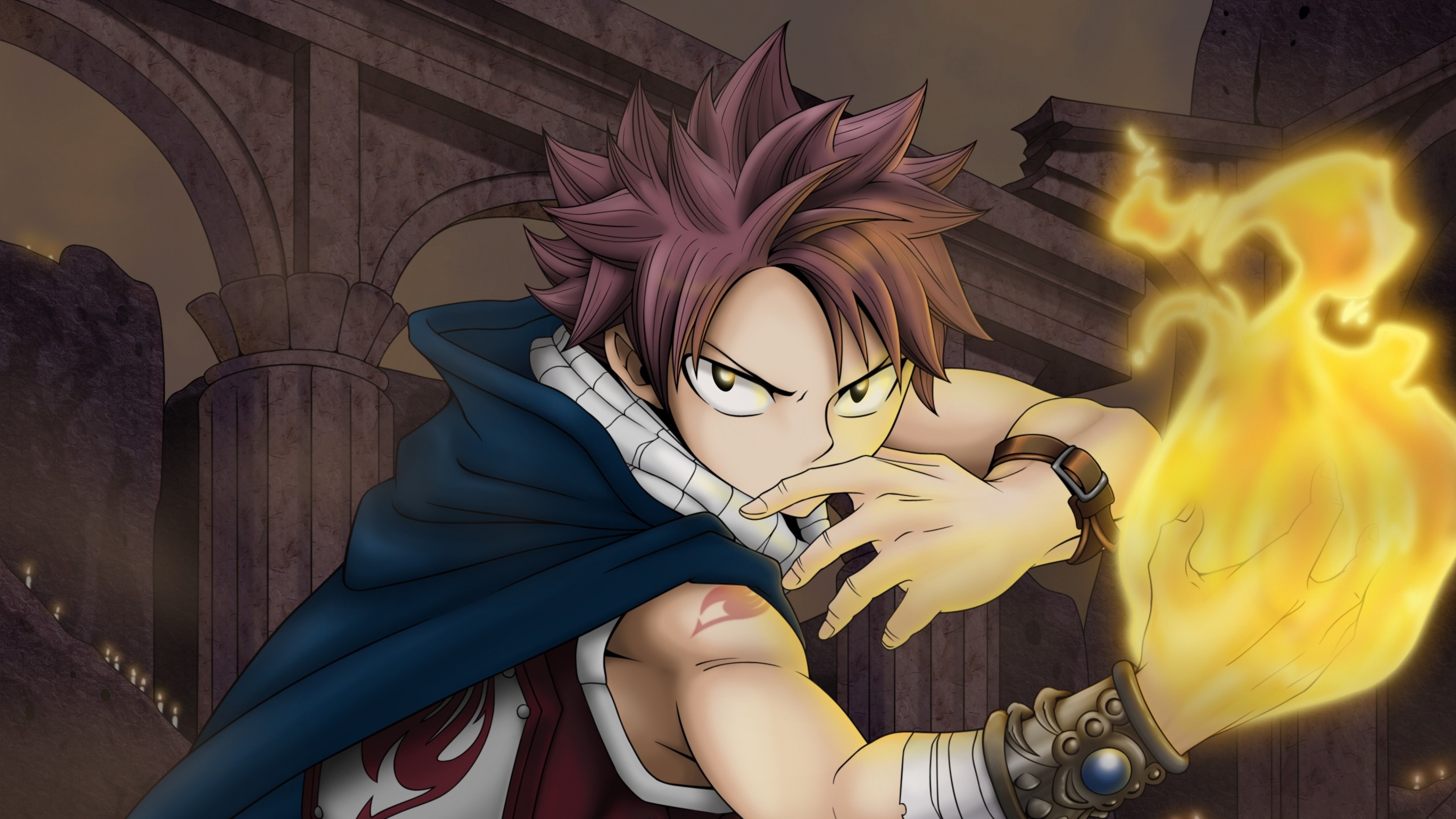 Natsu Dragneel, Fairy Tail, Fiamma, Mantello, 4K, sfondo desktop