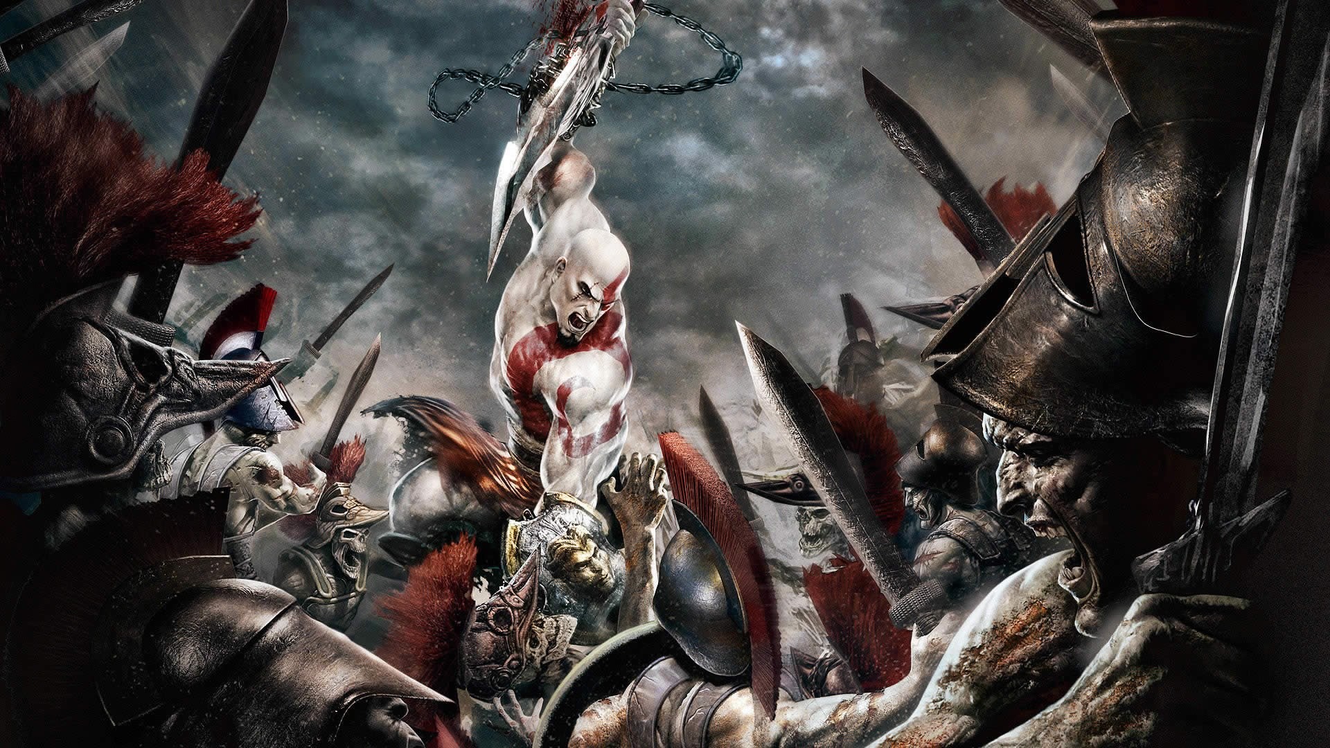 Kratos, God of War, Battaglia, Lame del Caos, Soldati, 1920x1080, wallpaper desktop