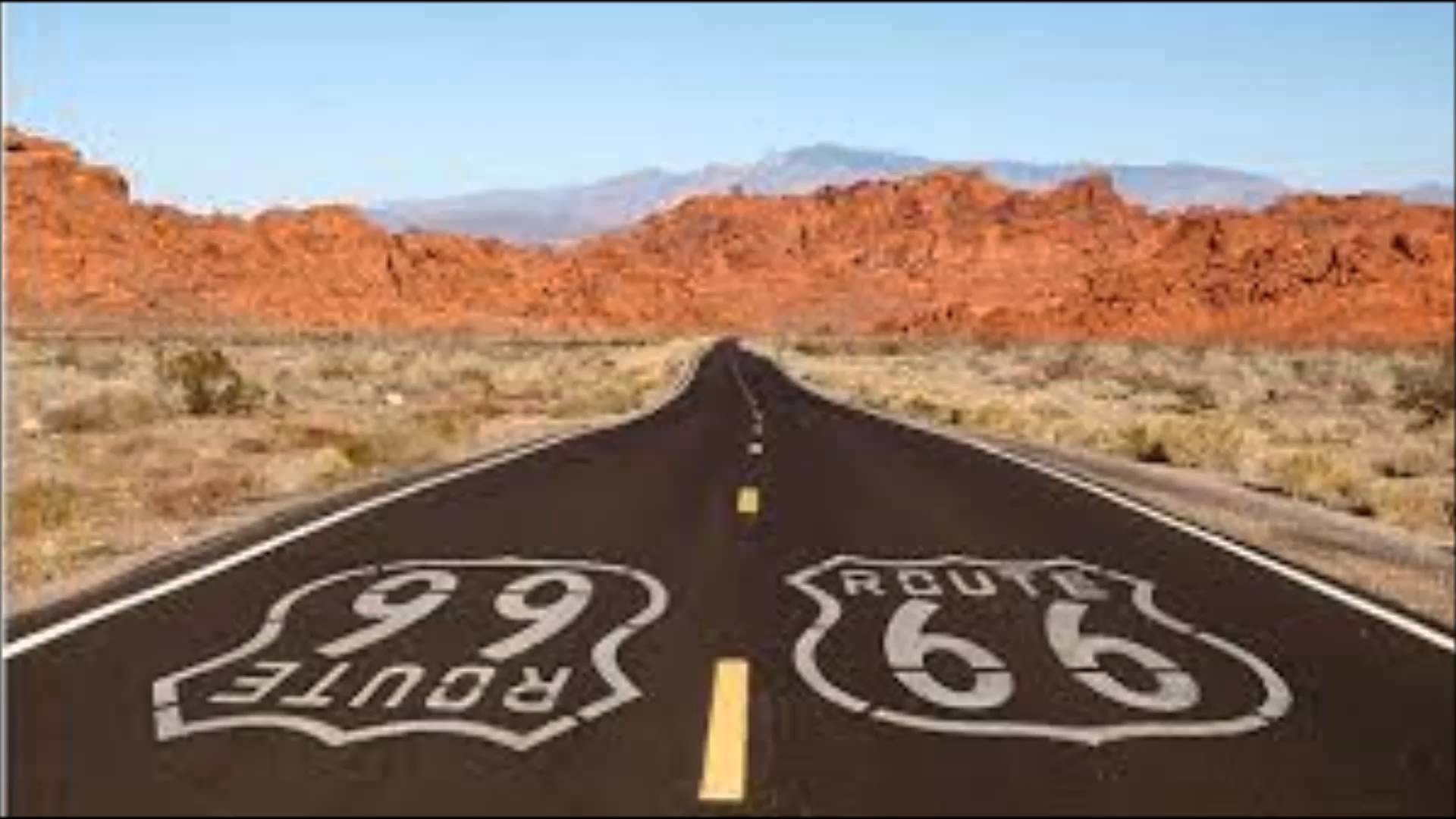 Route 66, Segnaletica orizzontale, Strada nel deserto, Rocce rosse, Cielo azzurro, sfondo per PC