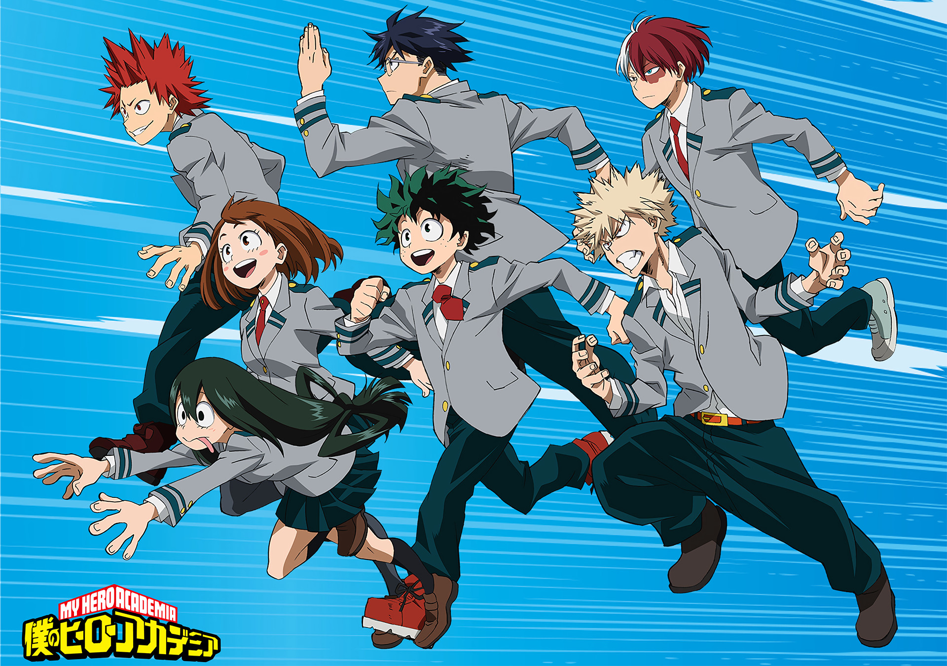 Izuku Midoriya, Katsuki Bakugo, Shoto Todoroki, Ochaco Uraraka, My Hero Academia, Uniforme scolastica, sfondo desktop