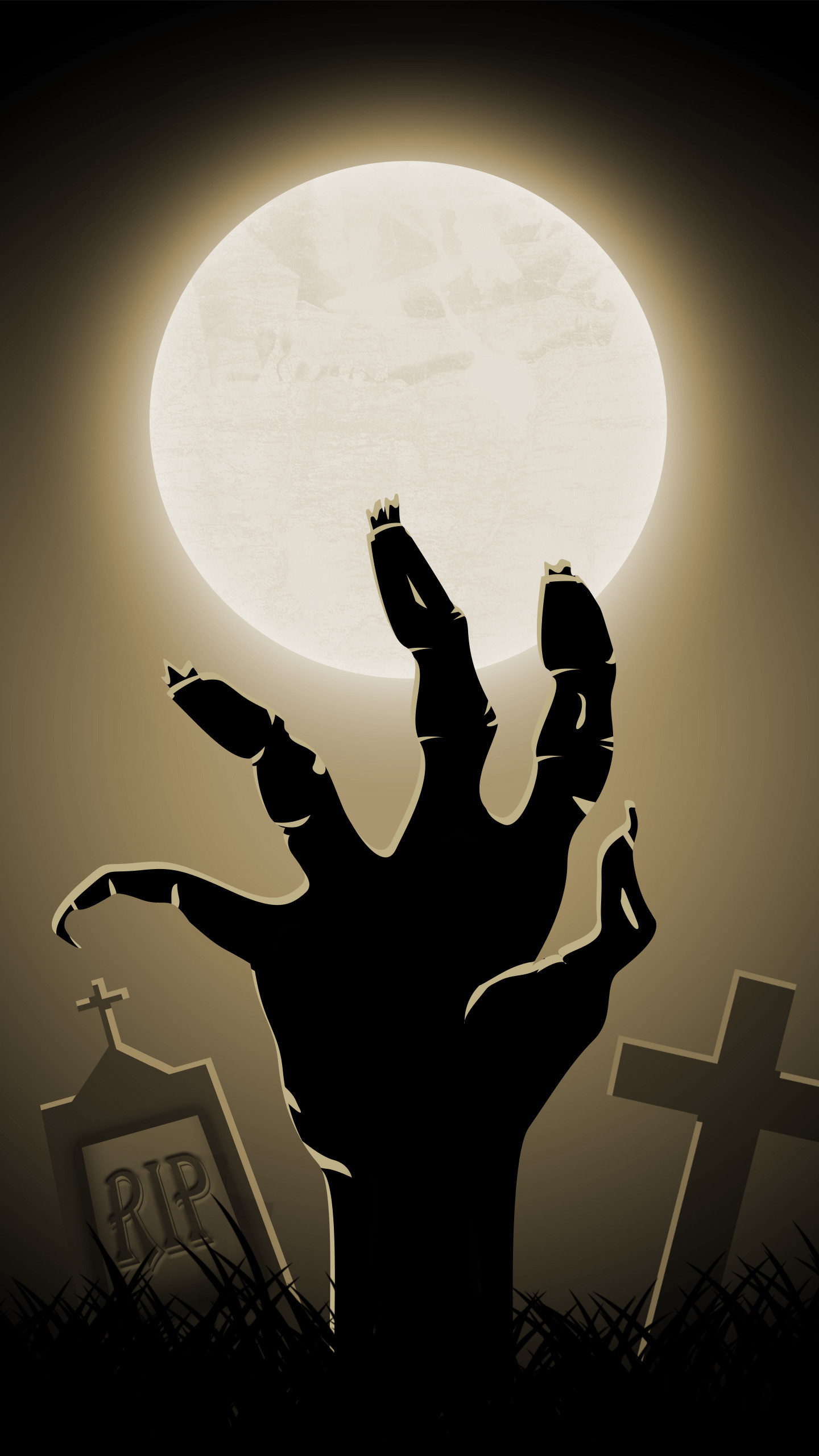 Mano di zombi, Cimitero, Luna piena, Lapidi, Silhouette, QHD+, sfondo verticale per cellulare