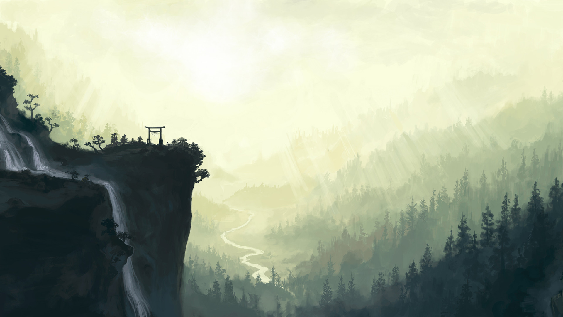 Torii, Foresta, Nebbia, Illustrazione, sfondo per il tuo desktop