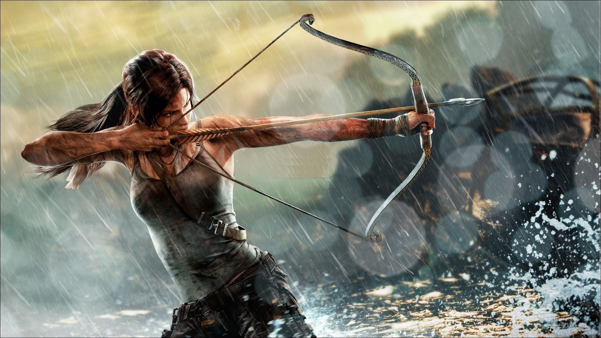 Lara Croft, Tomb Raider (2013), Arco, Pioggia, Full HD 1080p, sfondo desktop