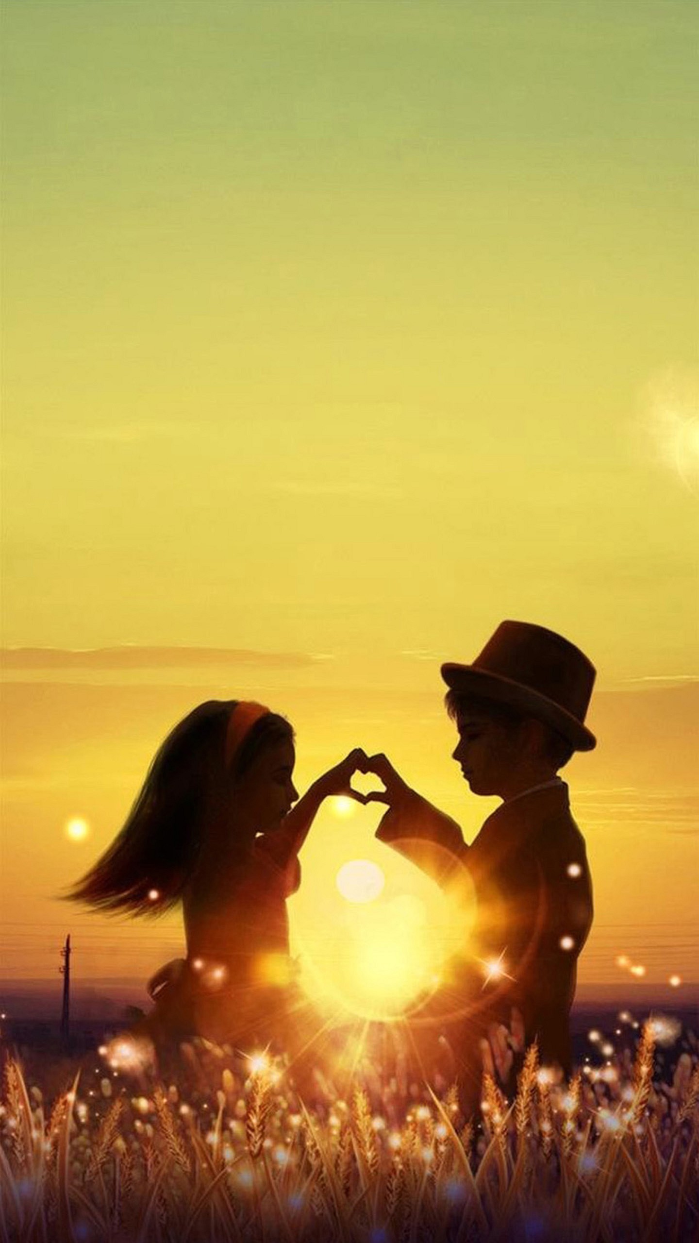 Bambini, Silhouette, Cuore con le mani, Tramonto, Prato, QHD+, schermata di blocco del cellulare