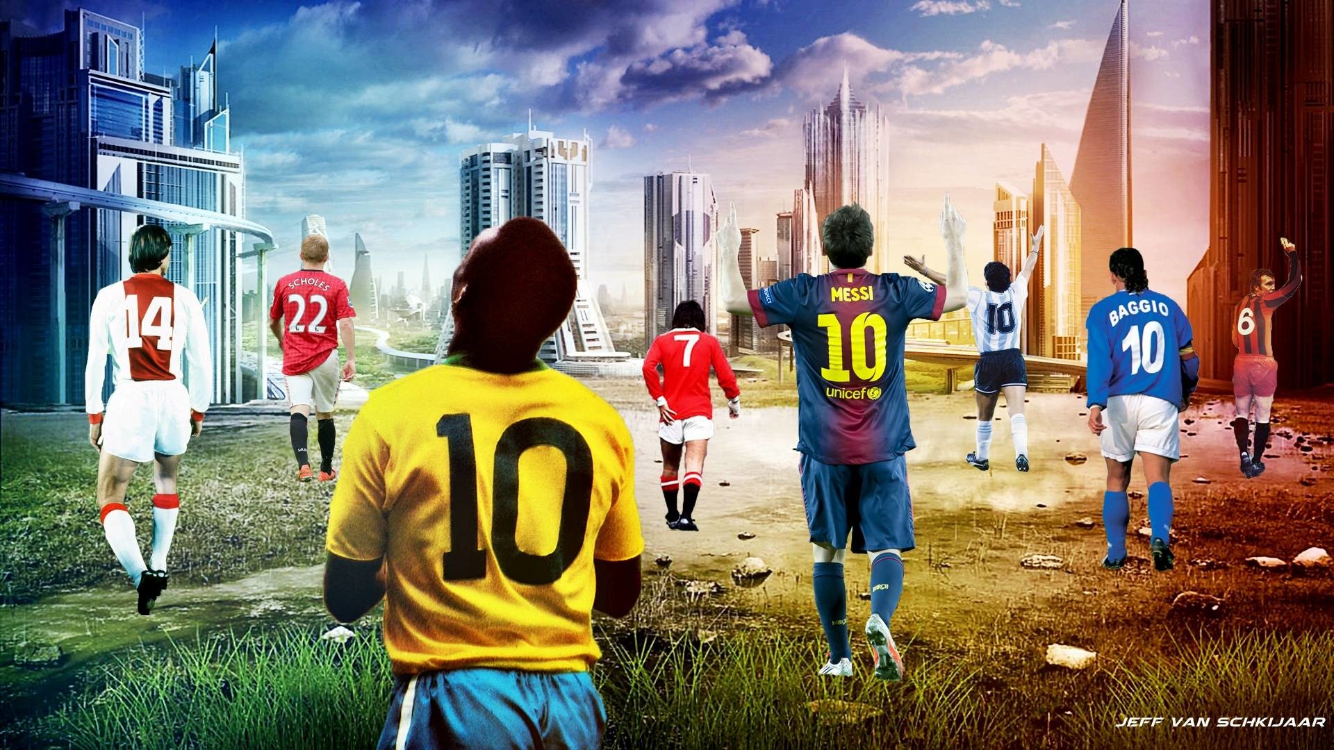 Lionel Messi, Pelé, Diego Maradona, Leggende del calcio, Arte digitale, sfondo Full HD per portatile