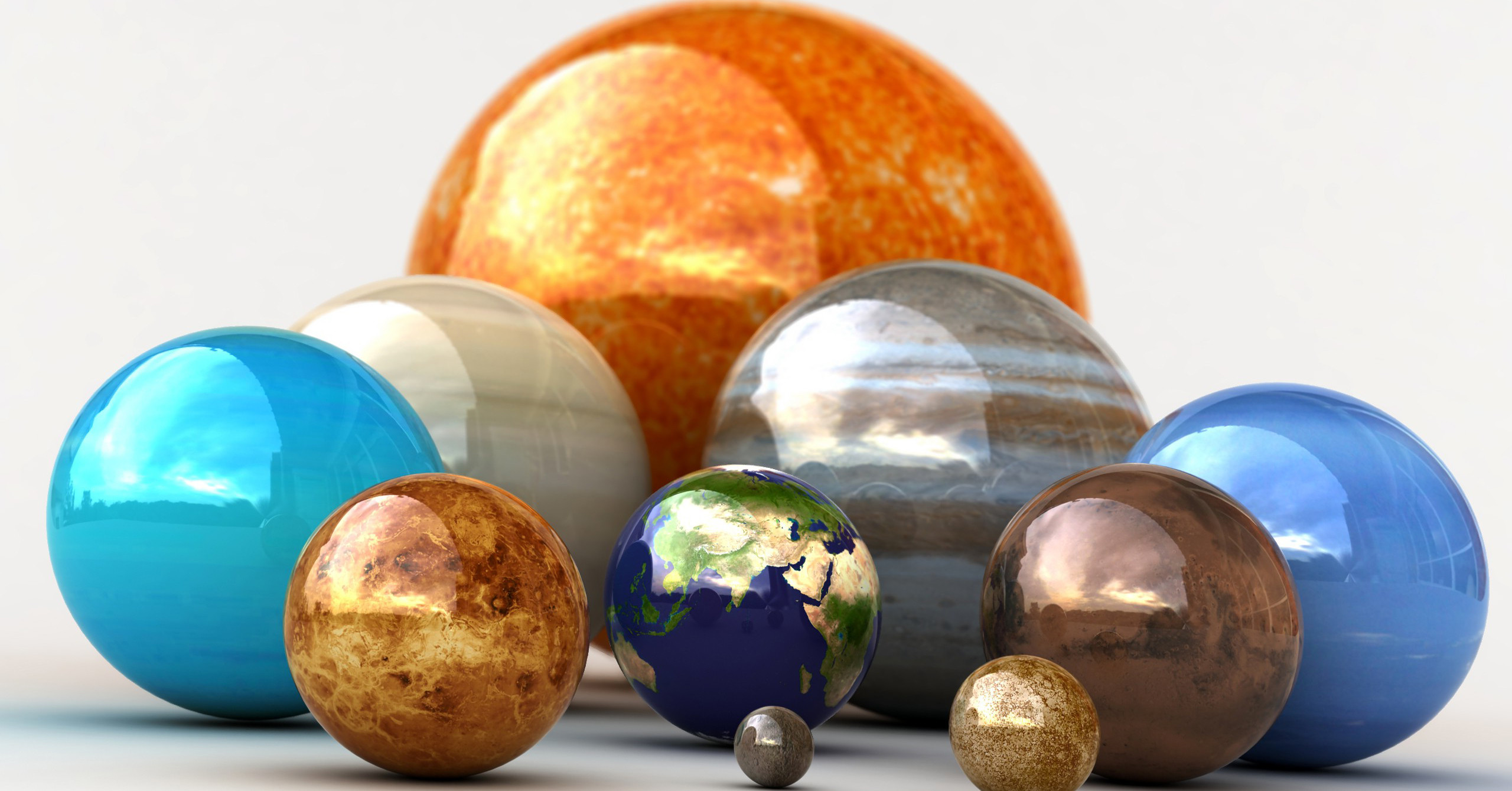 Sistema solare, Pianeti, Sole, Terra, Rendering 3D, Sfondo bianco, wallpaper Windows 11