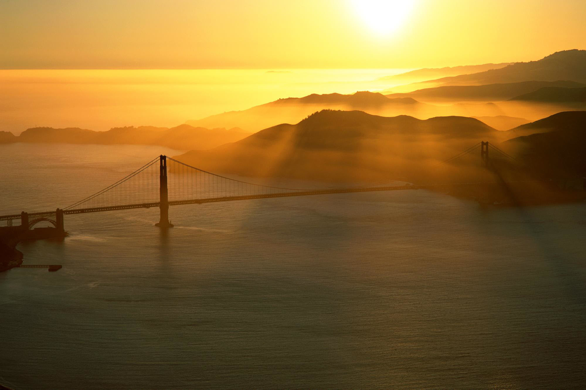 Golden Gate Bridge, San Francisco, Nebbia, Tramonto, Colline, Full HD, sfondo desktop
