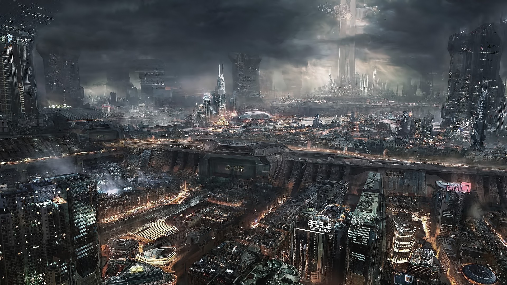 Città futuristica, Grattacieli, Nuvole, Arte digitale, Full HD 1080p, sfondo desktop