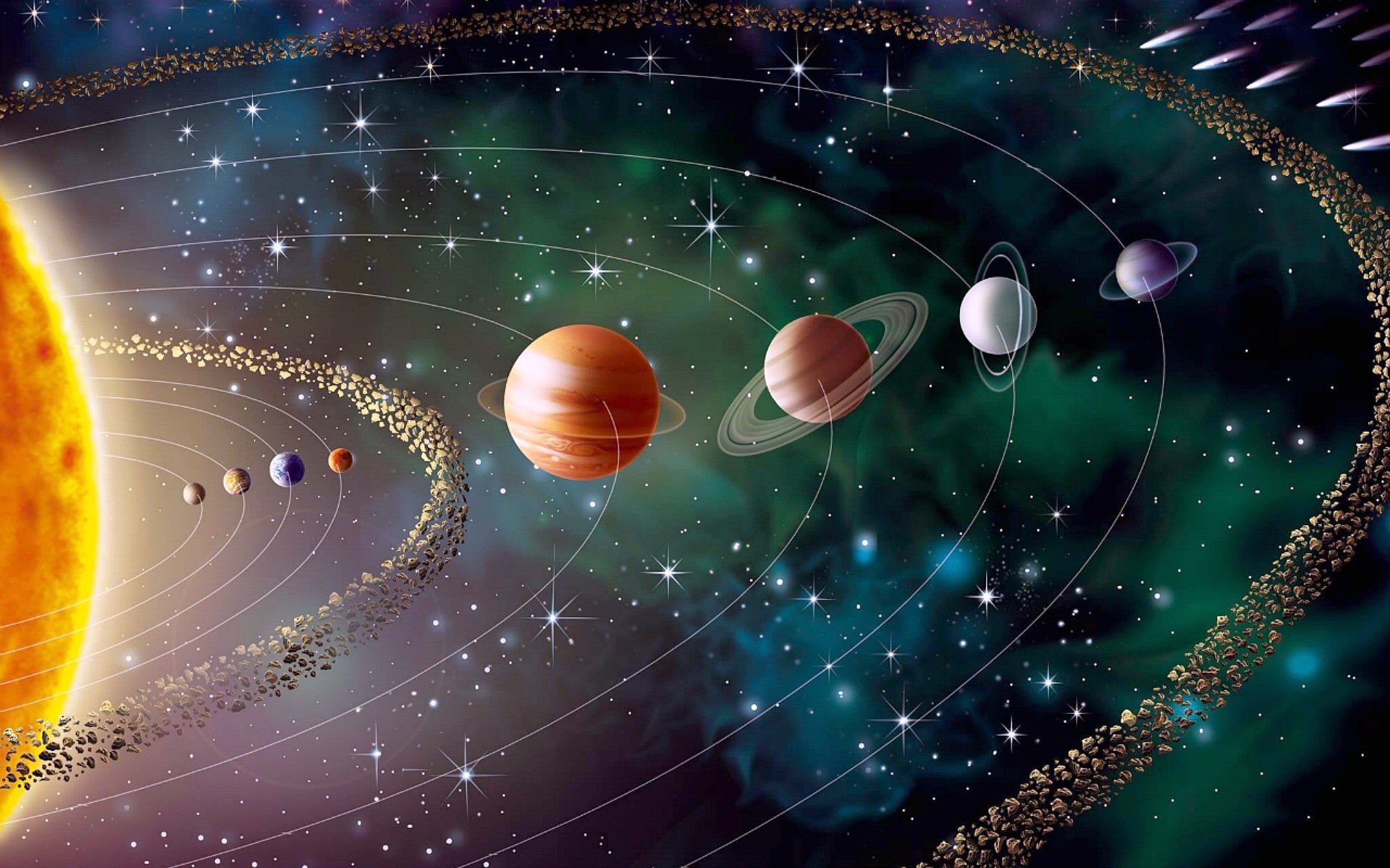 Sistema solare, Sole, Fascia degli asteroidi, Orbite, Illustrazione, sfondo Full HD per portatile