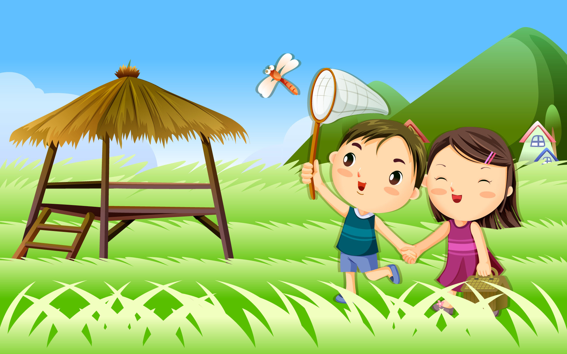 Bambini, Retino, Prato, Libellula, Full HD, sfondo per PC e portatile