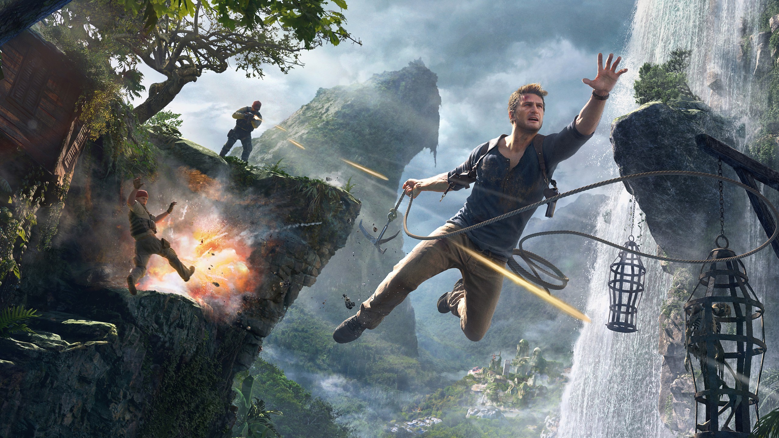 Uncharted 4: Fine di un ladro, Nathan Drake, Videogioco, Cascata, sfondo desktop 1440p
