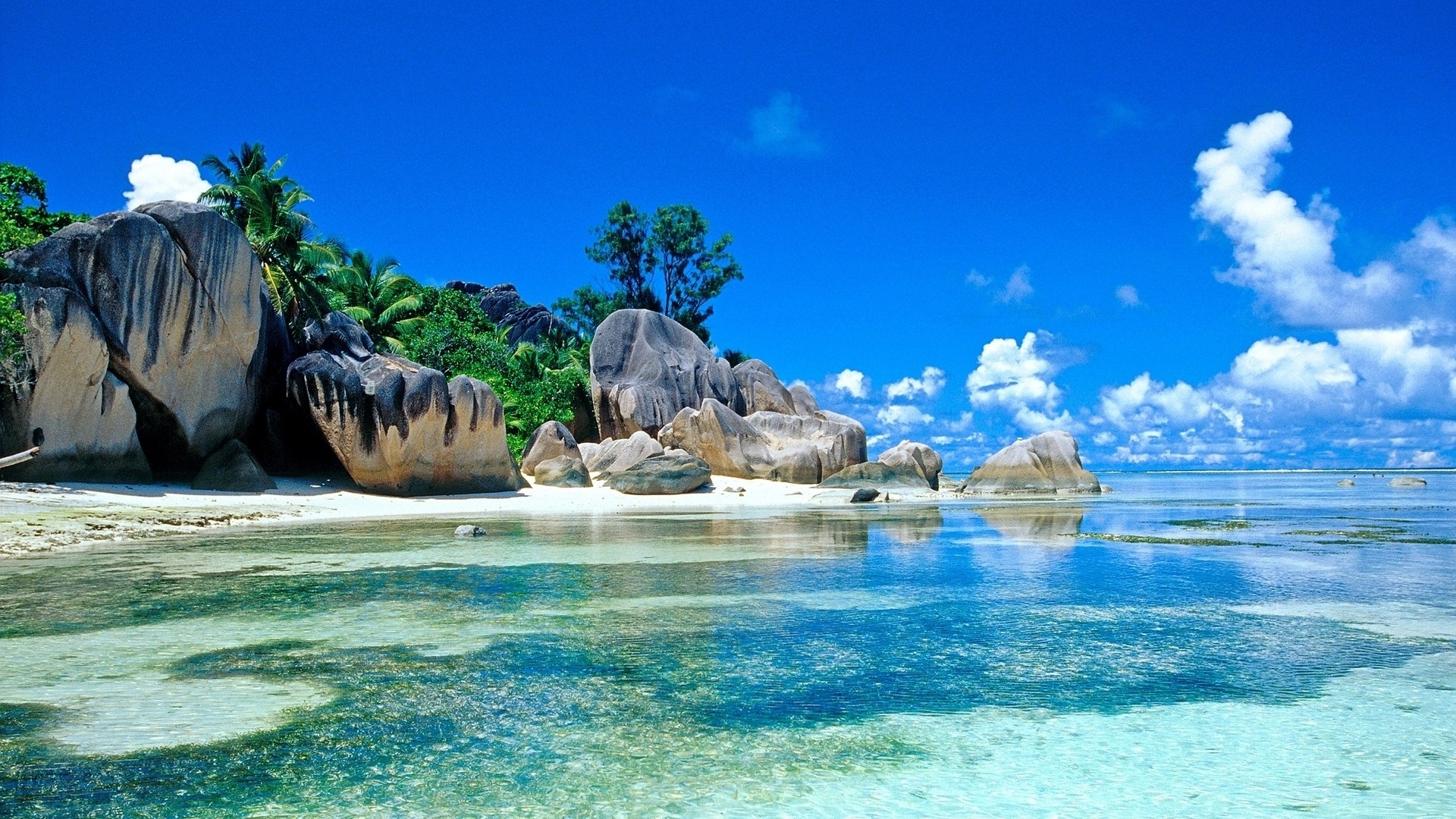 Anse Source d'Argent, Seychelles, Mare tropicale, Massi di granito, Acqua cristallina, immagine di sfondo
