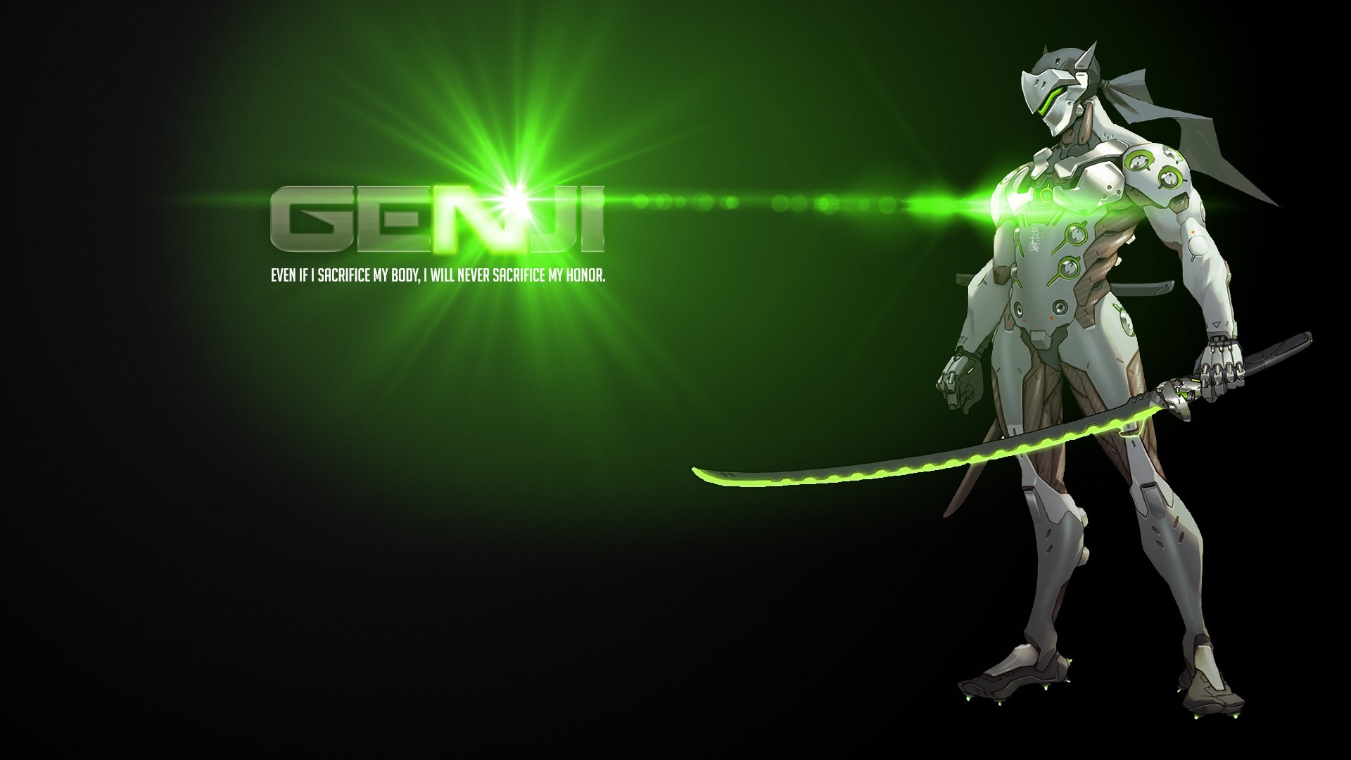 Genji, Overwatch, Katana, Luce verde, 16:9 Full HD, sfondo widescreen