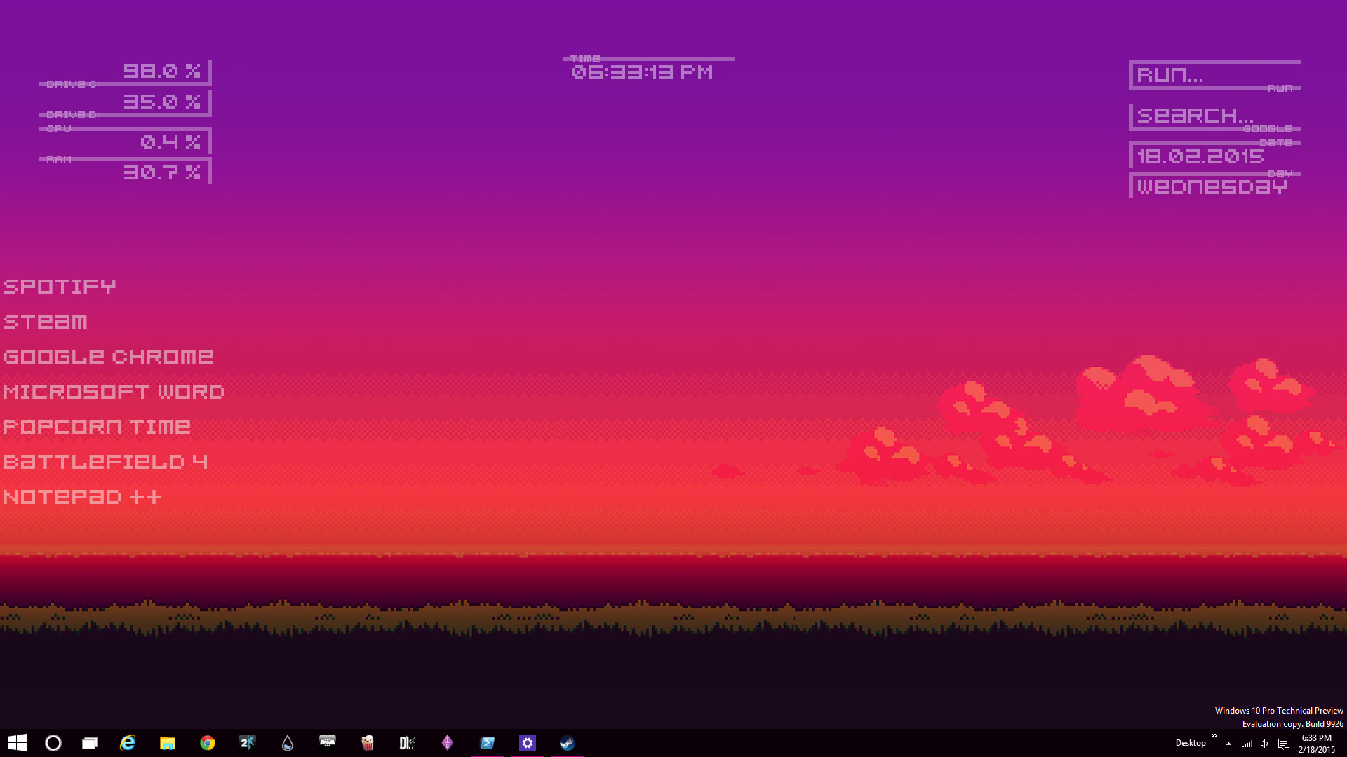 Pixel art, Tramonto, Rainmeter, Desktop, Cielo viola, Full HD, sfondo per portatile