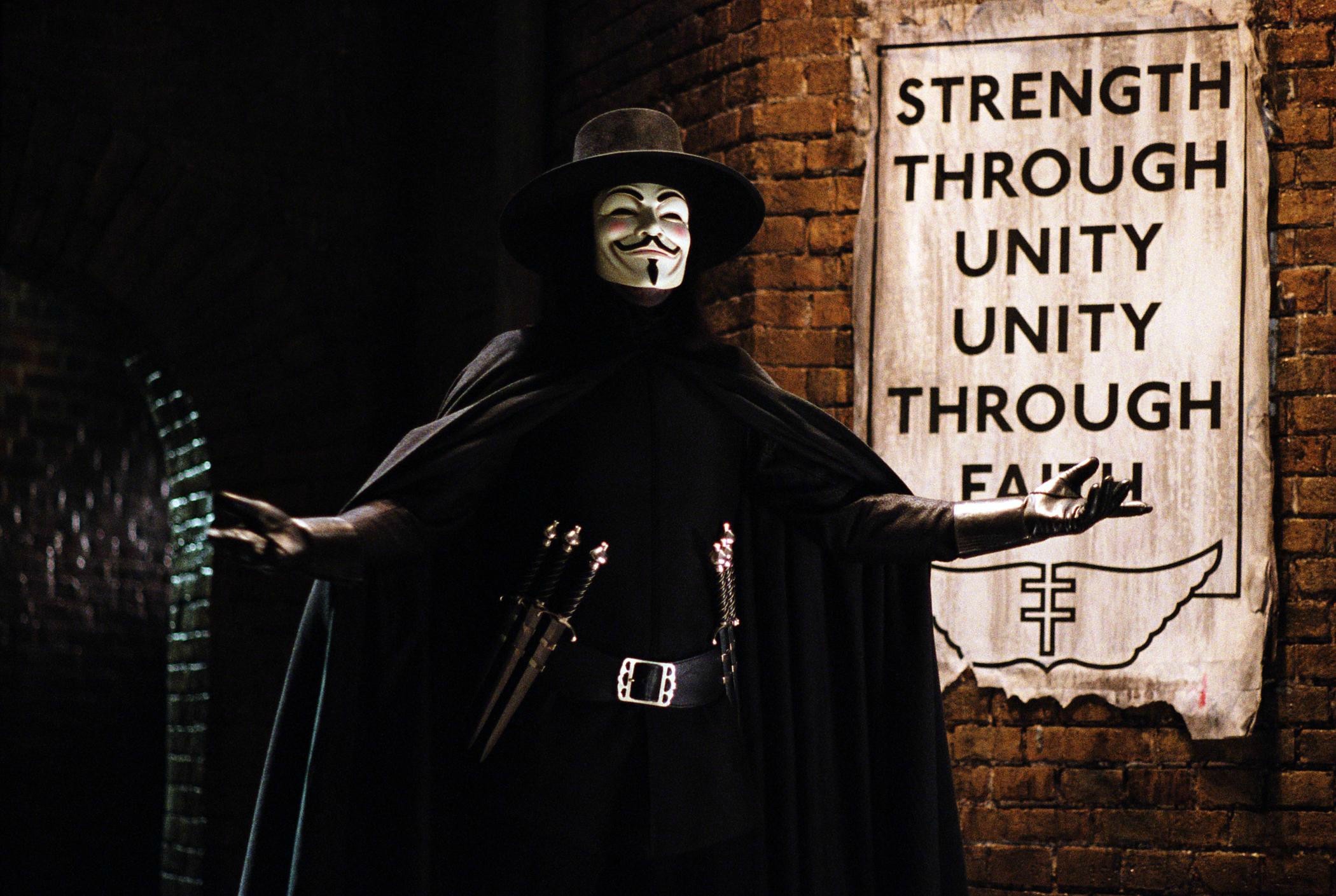V per Vendetta, V, Strength through unity, Manifesto, Pugnali, Full HD, sfondo desktop