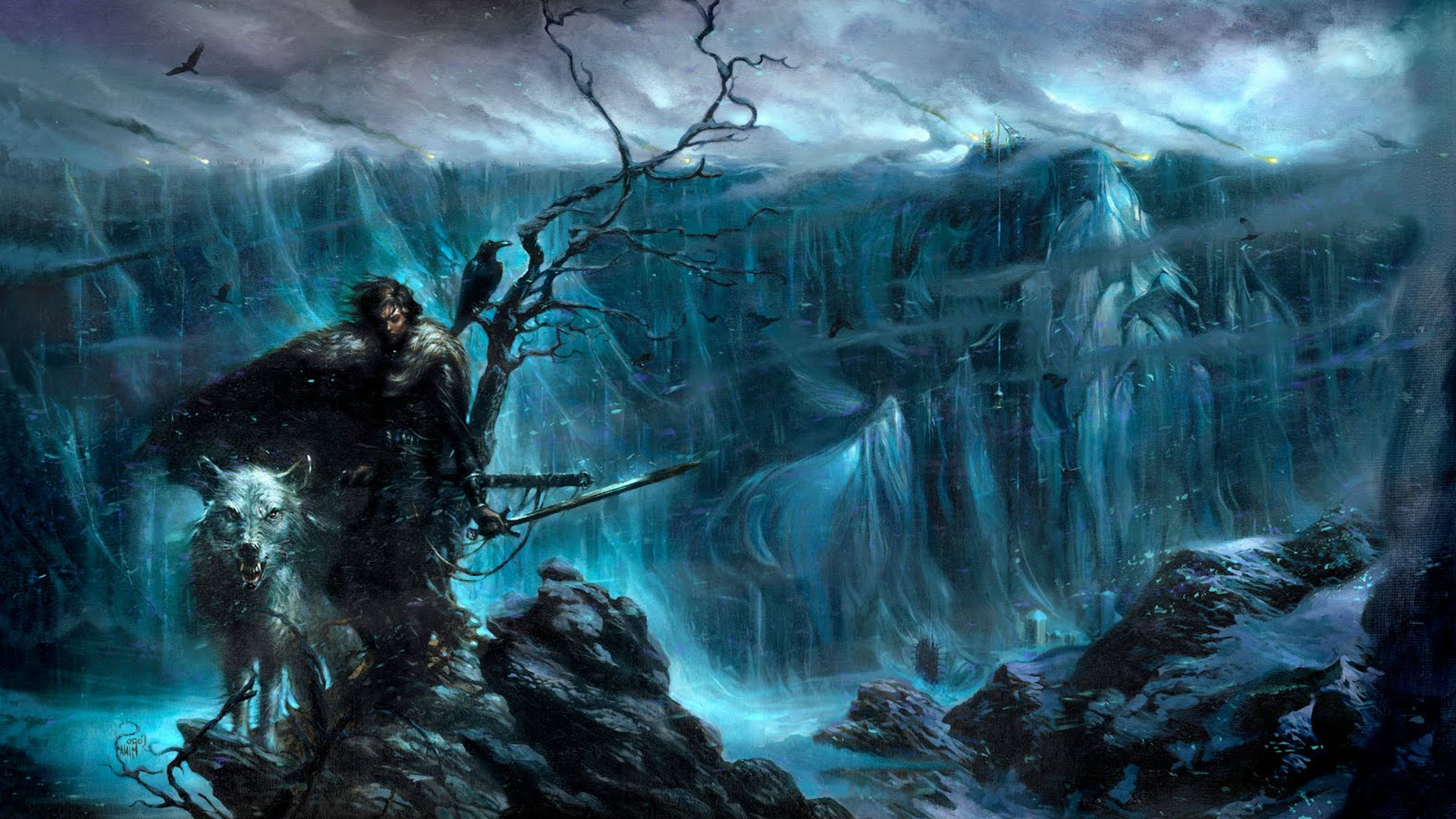 Jon Snow, Spettro, Il Trono di Spade, Fan art, Ghiaccio, Full HD, sfondo per portatile