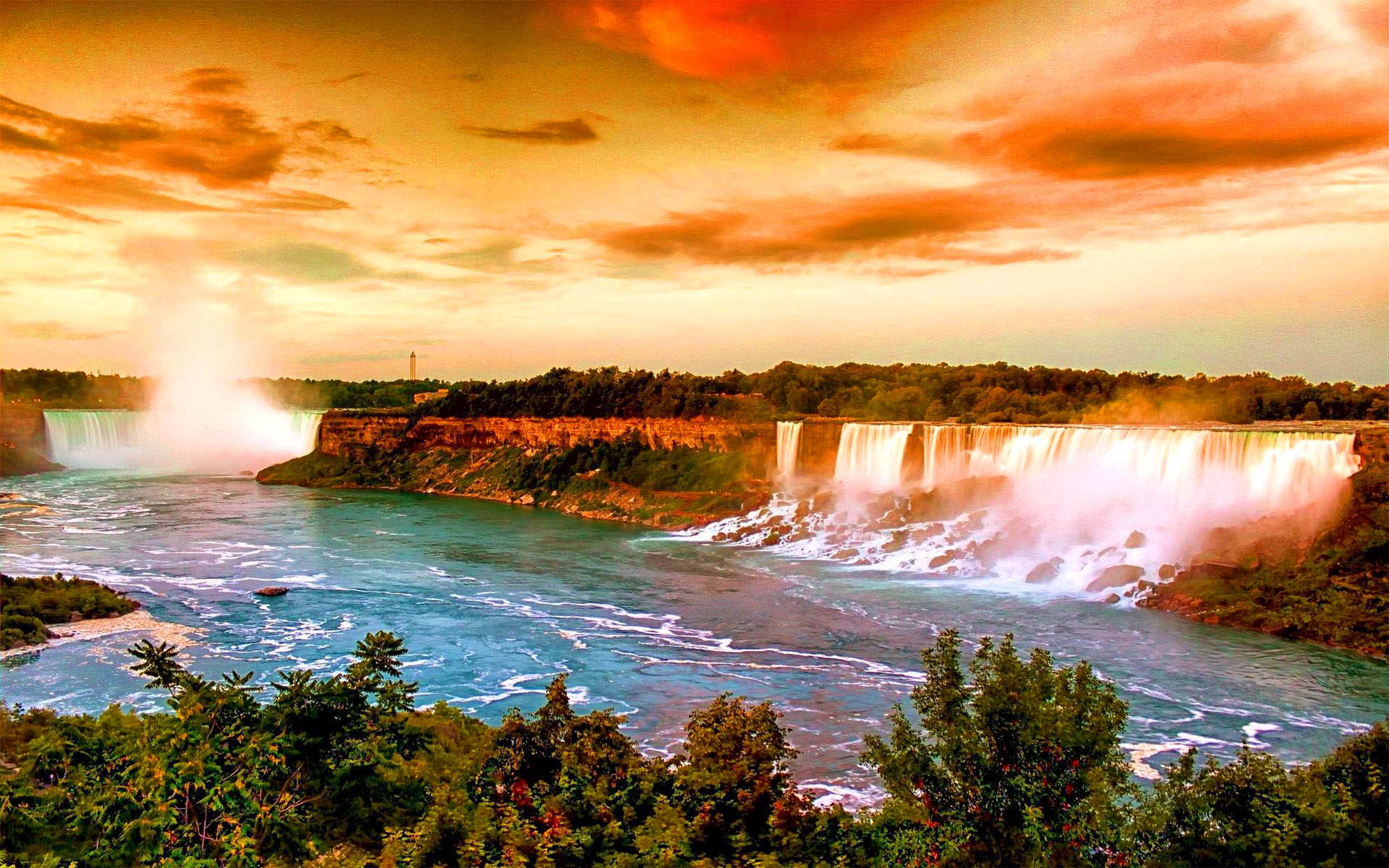 Cascate del Niagara, Tramonto, Fiume, Arancione, 16:10 Full HD, wallpaper widescreen