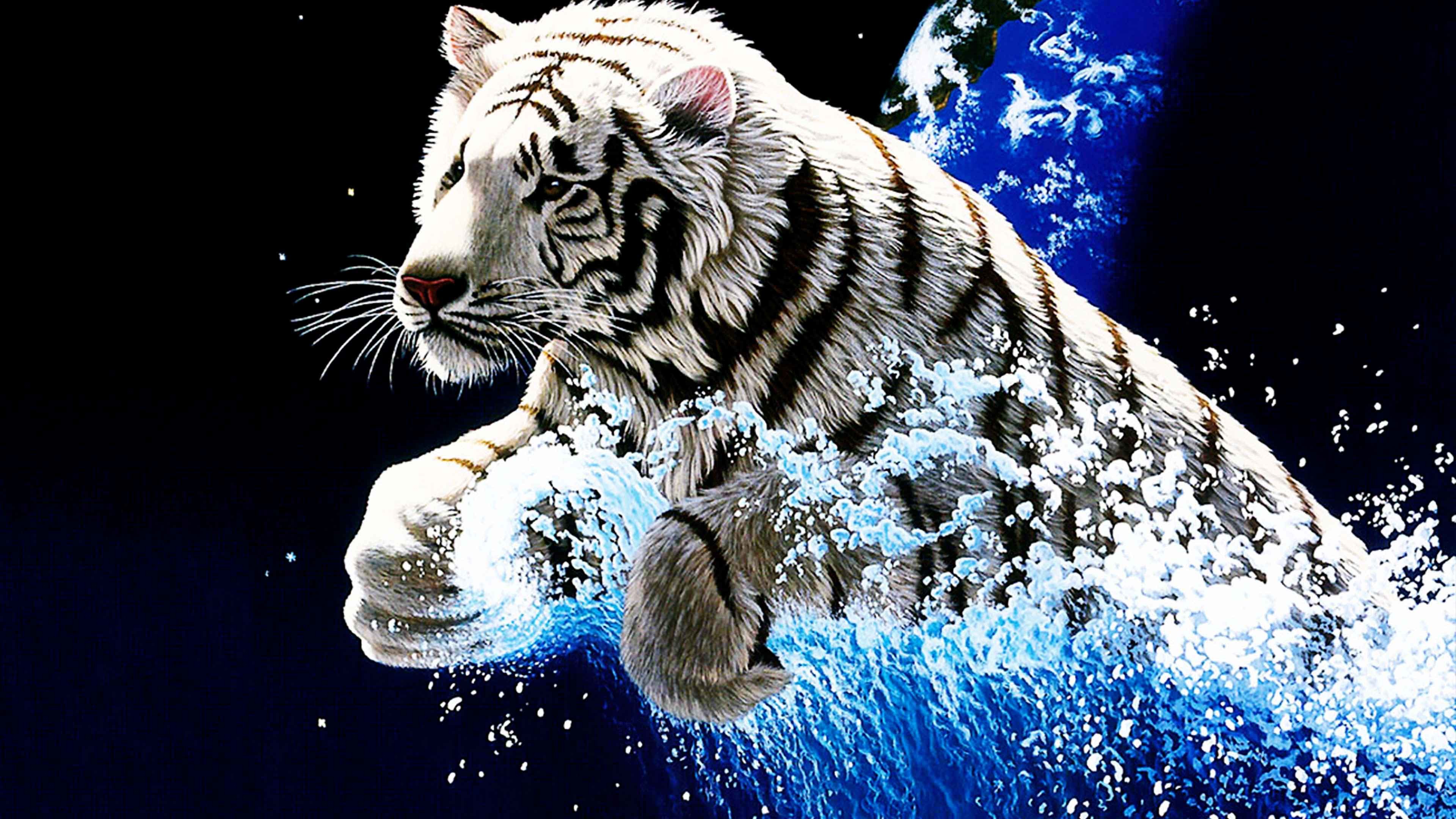 Tigre bianca, Acqua, Schizzi, Arte digitale, 4K, sfondo per PC e portatile