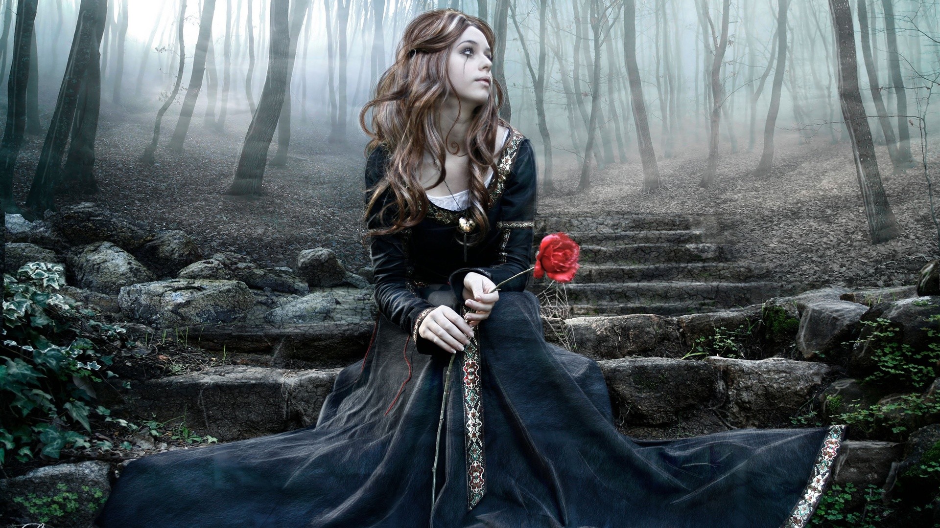 Donna gotica, Rosa rossa, Foresta, Scalinata, Full HD, sfondo Windows 11