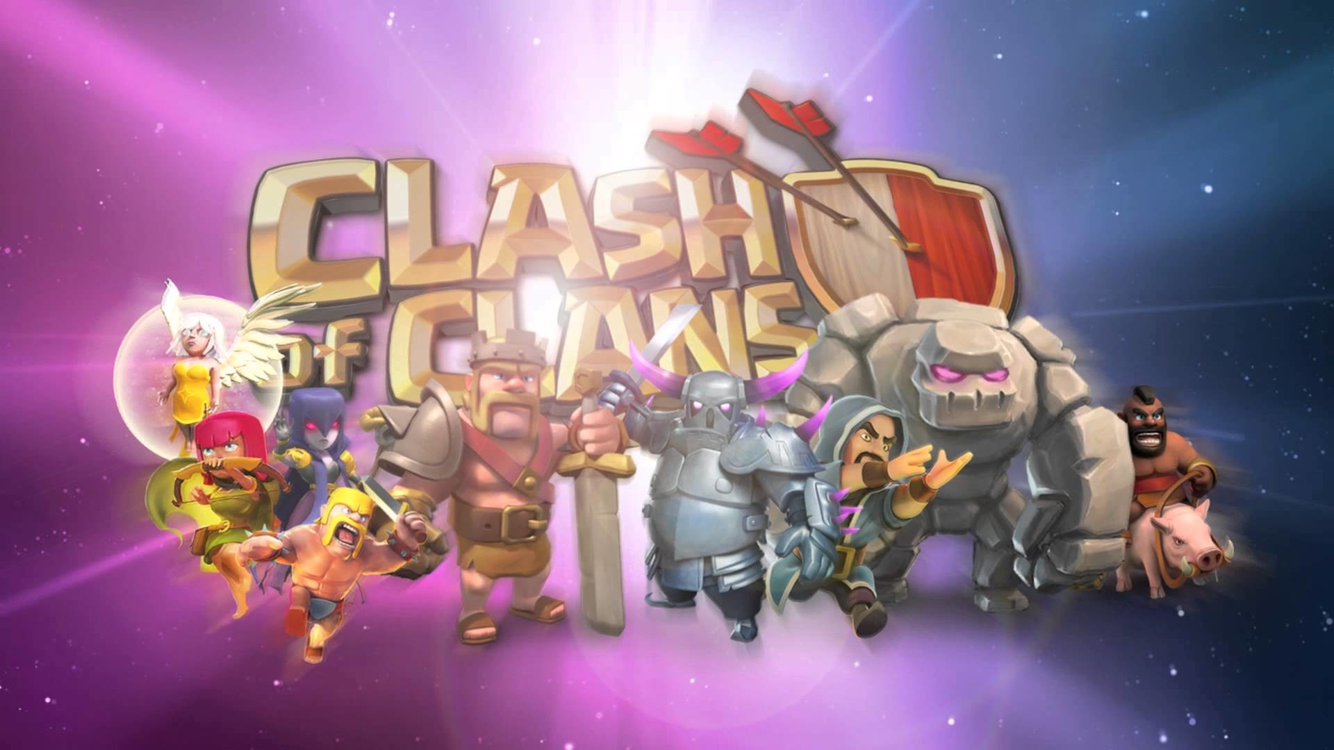 Clash of Clans, Logo, Golem, P.E.K.K.A, Barbaro, Sfondo viola, Full HD, wallpaper desktop
