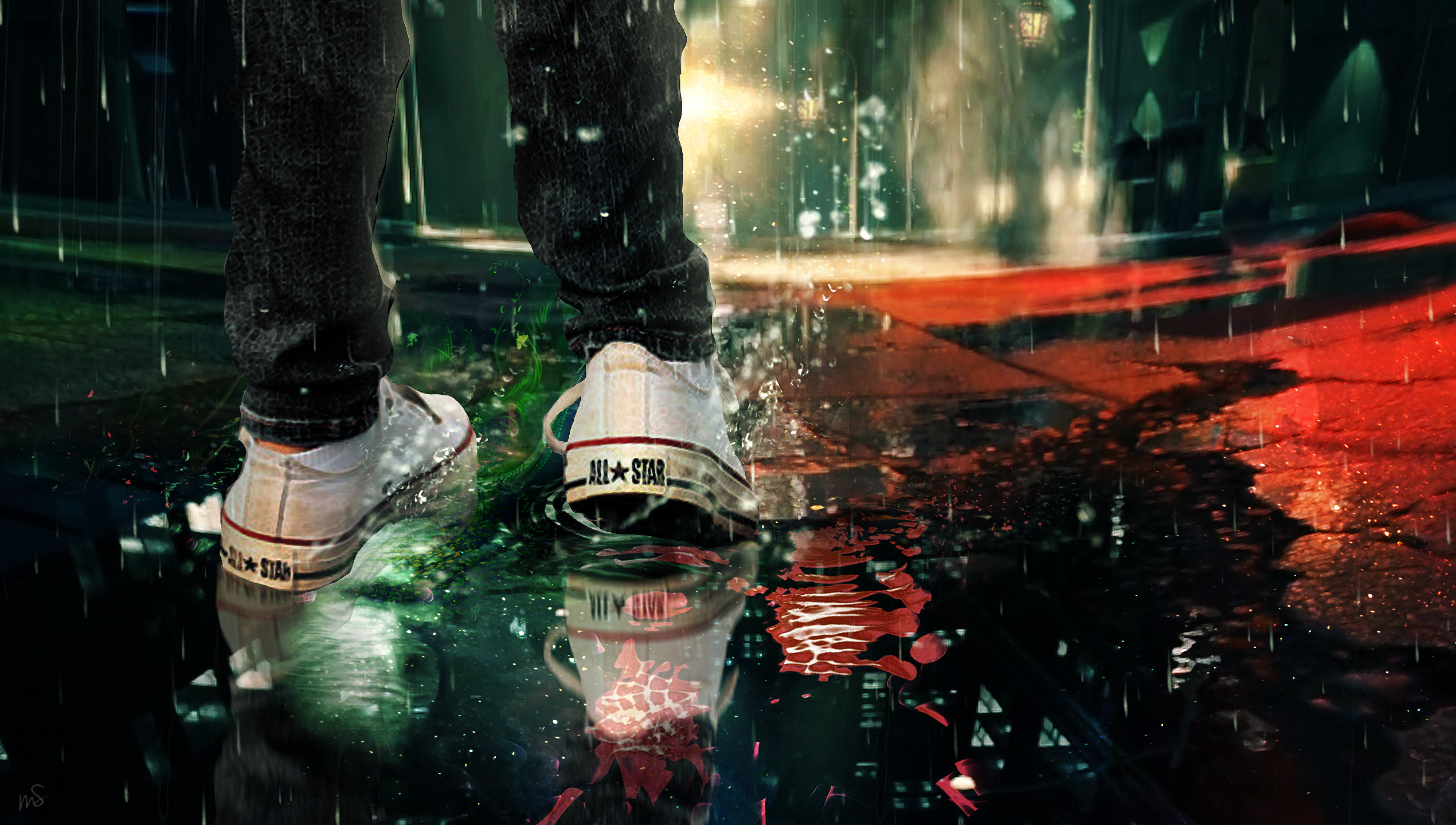 Pioggia, Converse, Pozzanghera, Riflessi, Full HD, sfondo desktop
