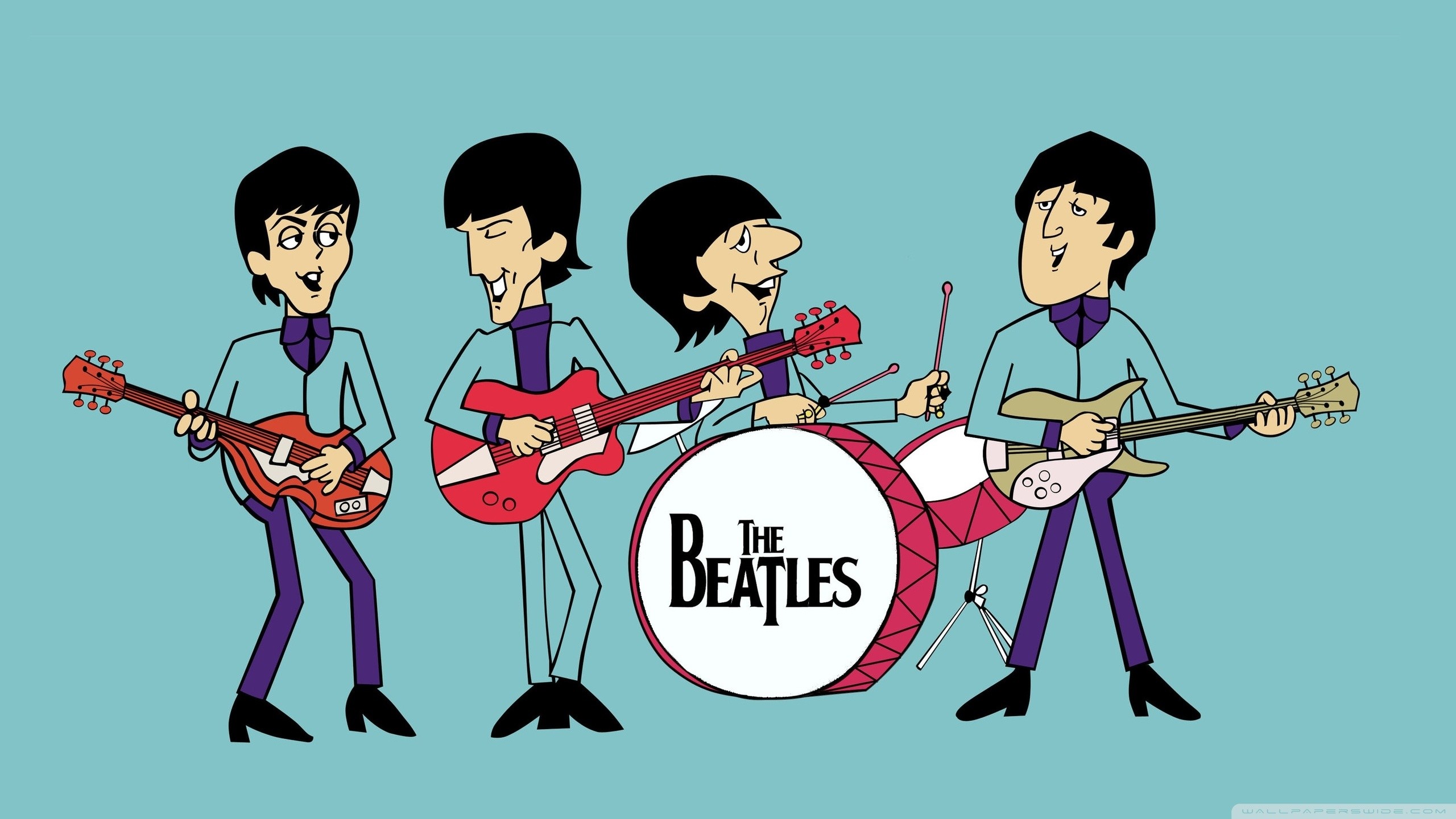 The Beatles, Cartone animato, Batteria, Chitarre, Sfondo azzurro, wallpaper per portatile