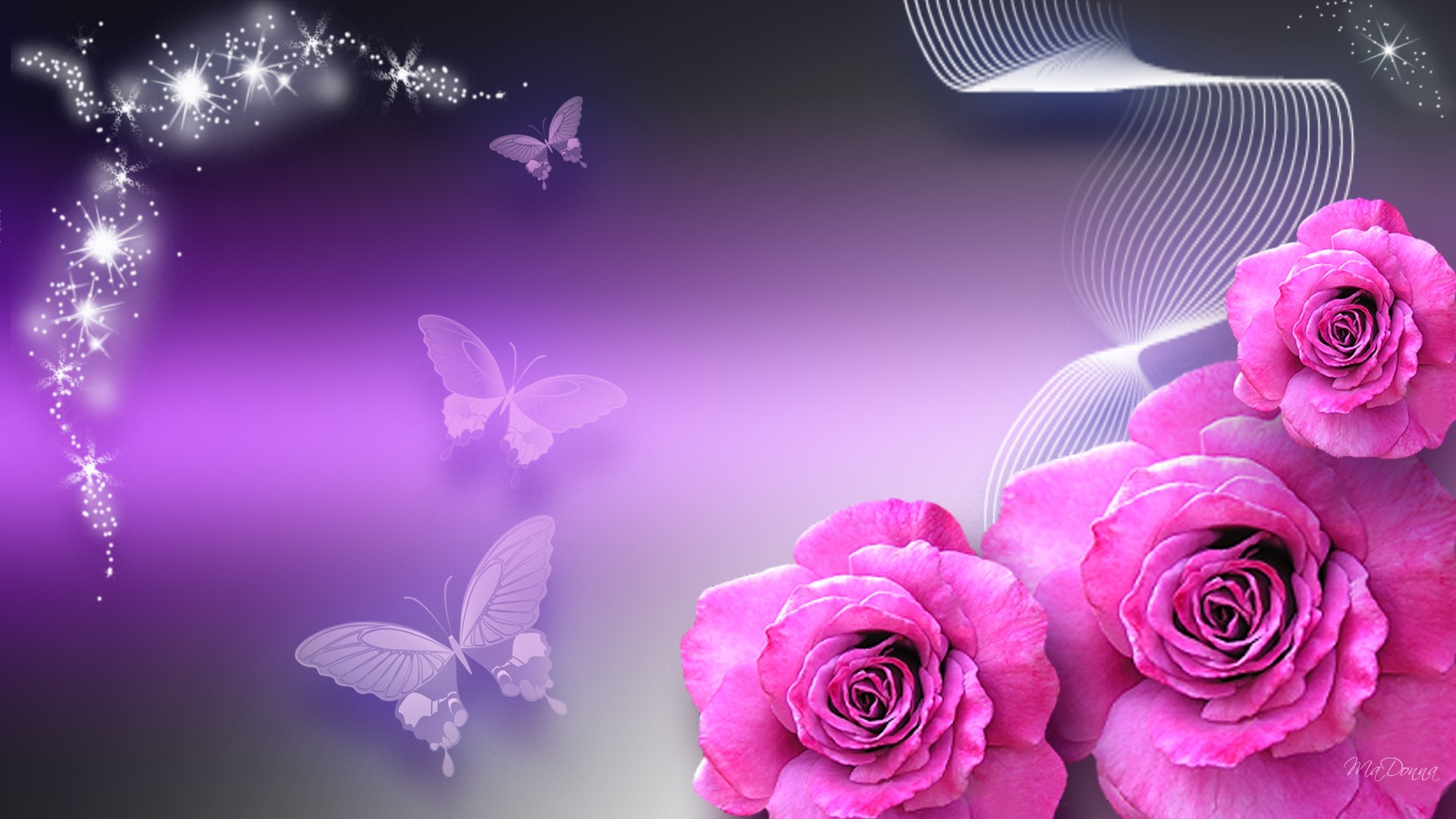Farfalle, Rose rosa, Viola, Arte digitale, Full HD, sfondo Windows 11