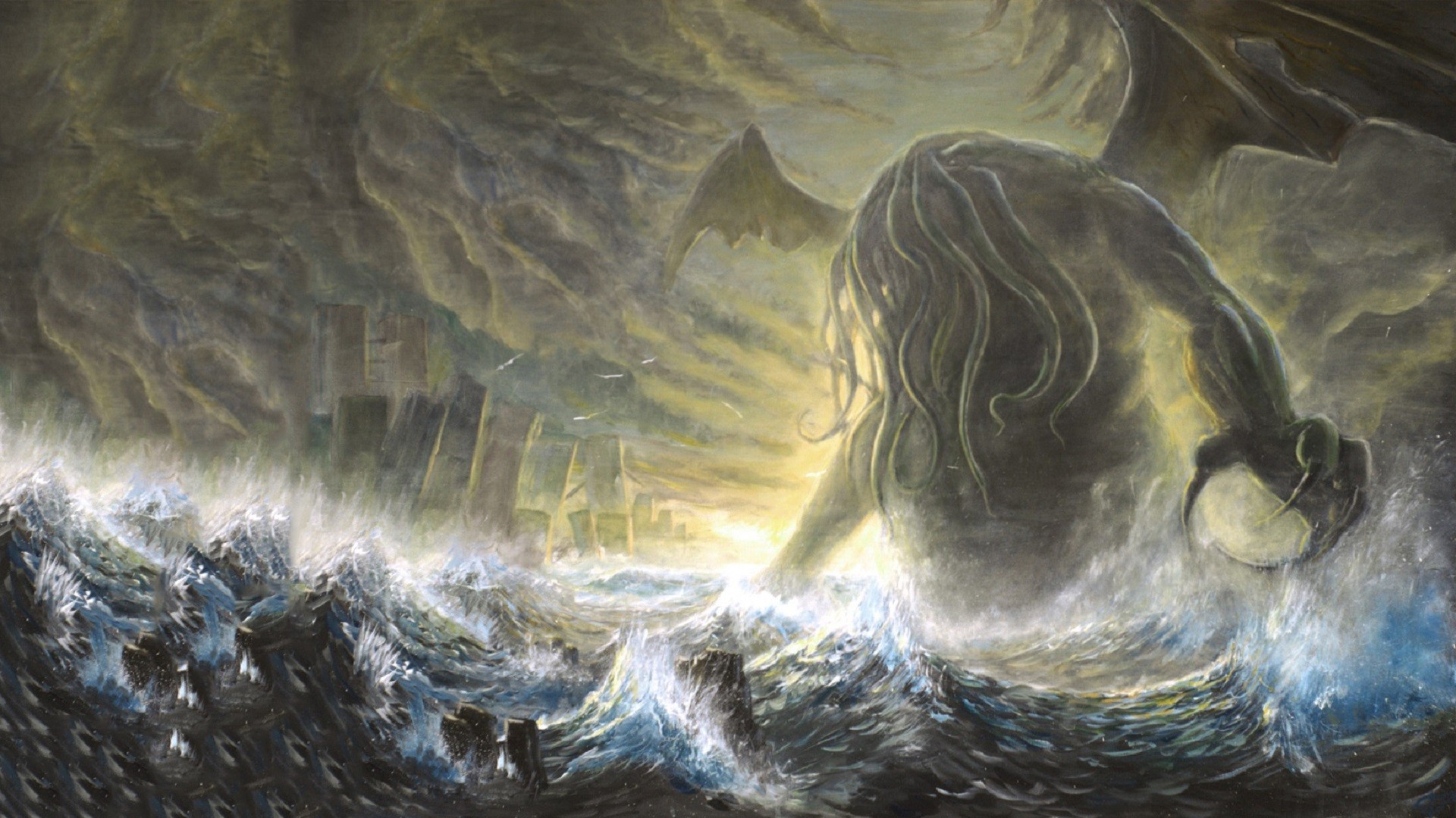 Cthulhu, Tempesta, Onde, Illustrazione, Full HD 1080p, sfondo desktop