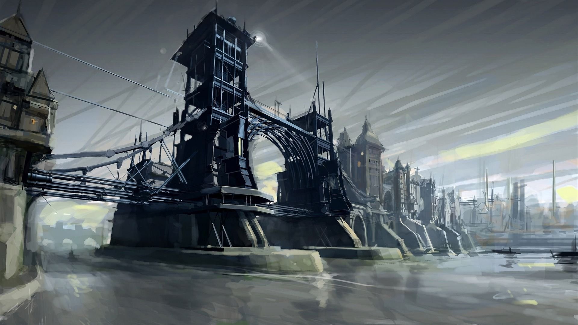 Dishonored, Dunwall, Ponte, Fiume, Arte concettuale, 16:9 Full HD, sfondo widescreen