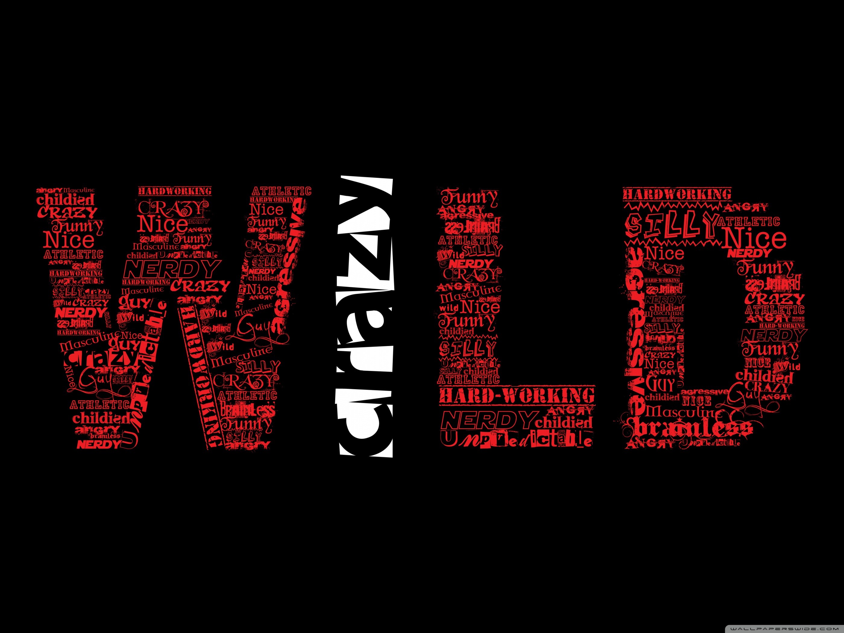 Wild, Crazy, Tipografia, Rosso e nero, sfondo per iPad e tablet