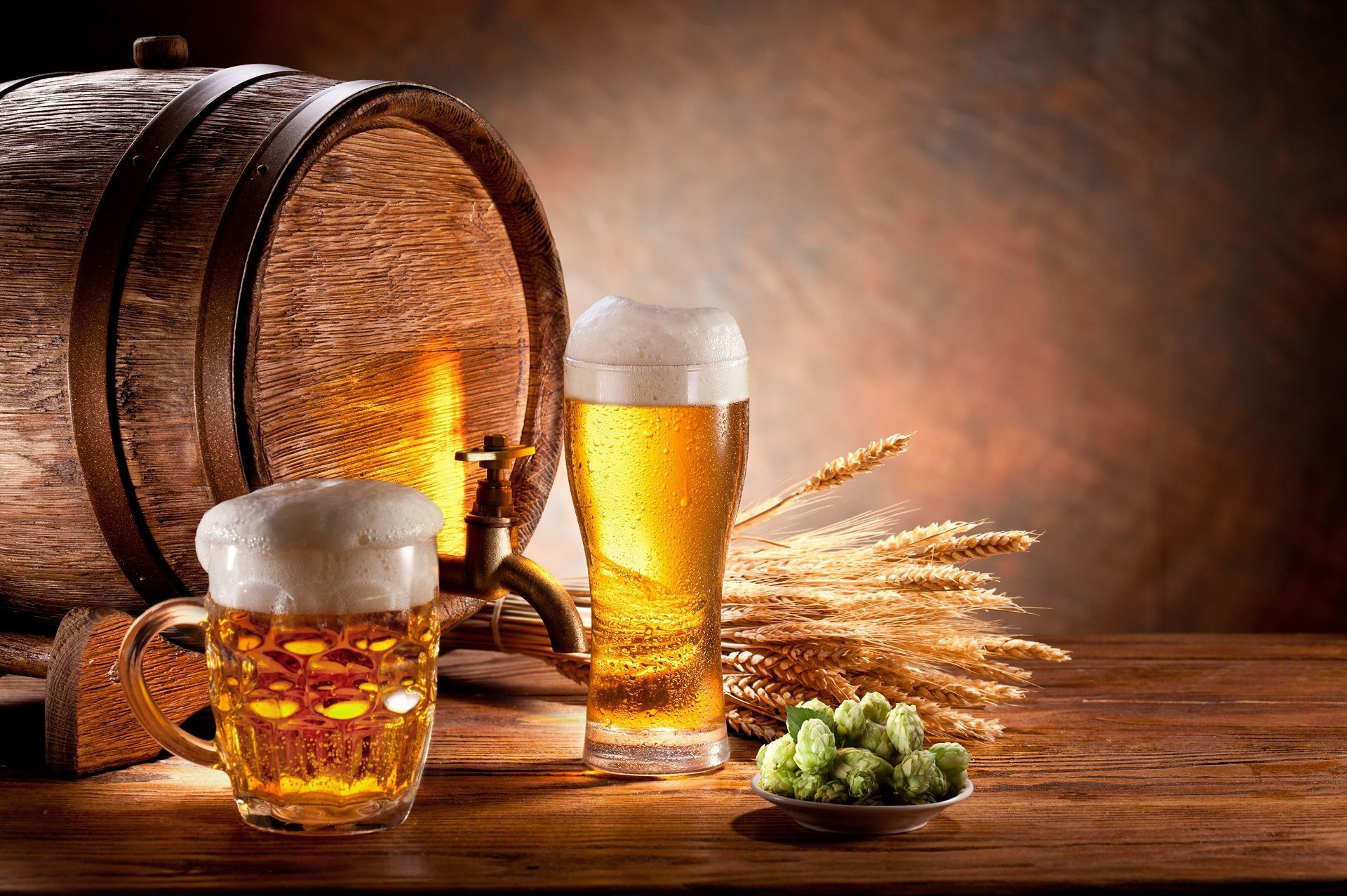 Birra, Botte, Boccale, Spighe di grano, Full HD, sfondo per PC