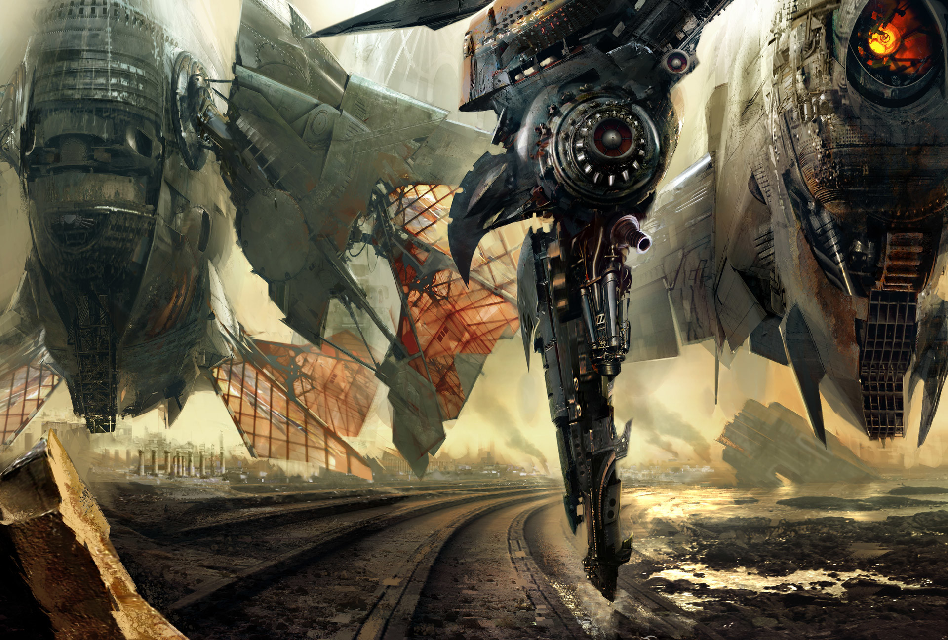 Dirigibili, Macchine volanti, Ferrovia, Steampunk, Arte digitale, sfondo desktop Full HD