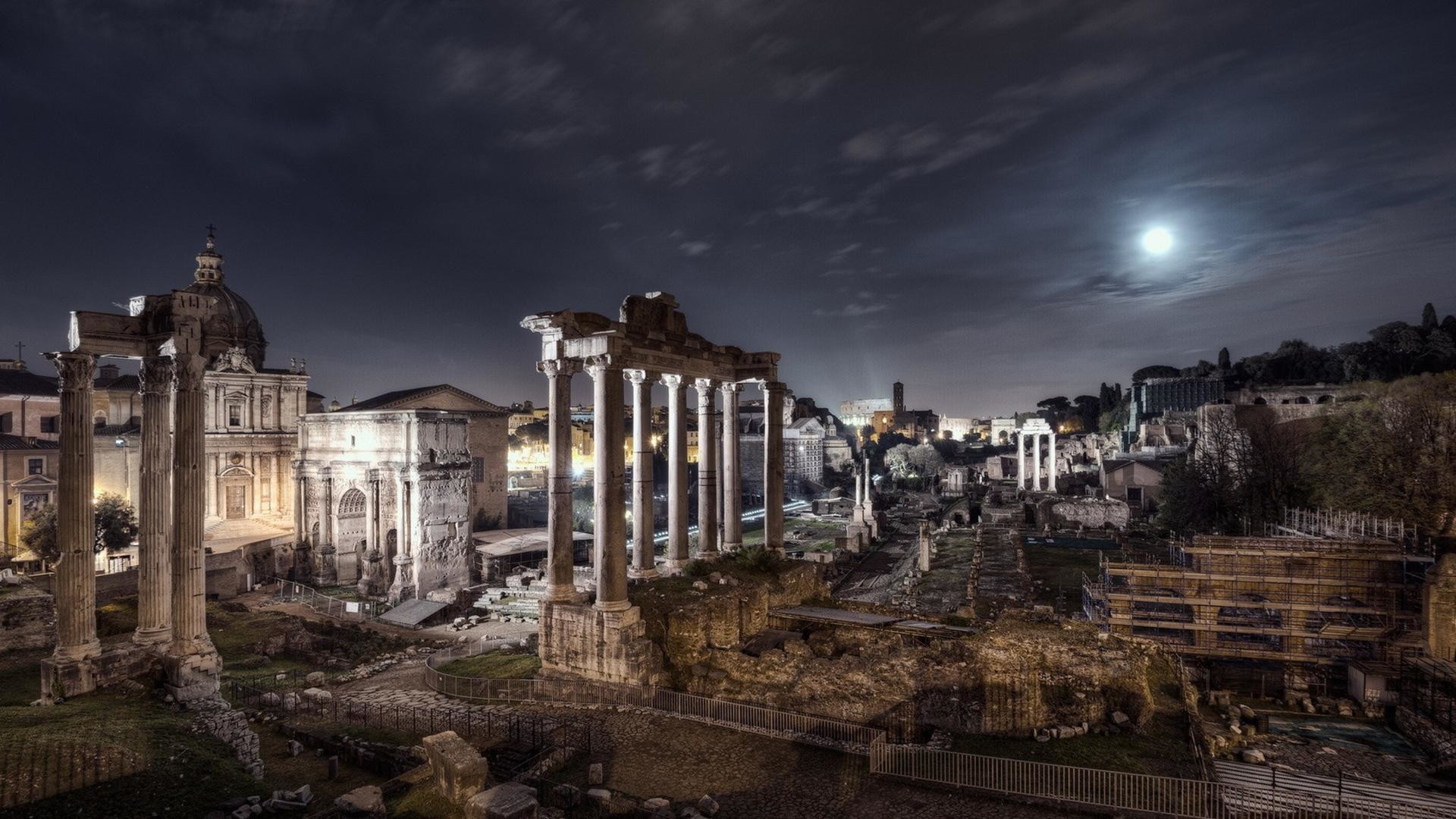 Foro Romano, Roma, Notte, Luna, Bianco e nero, 1920x1080, sfondo per PC