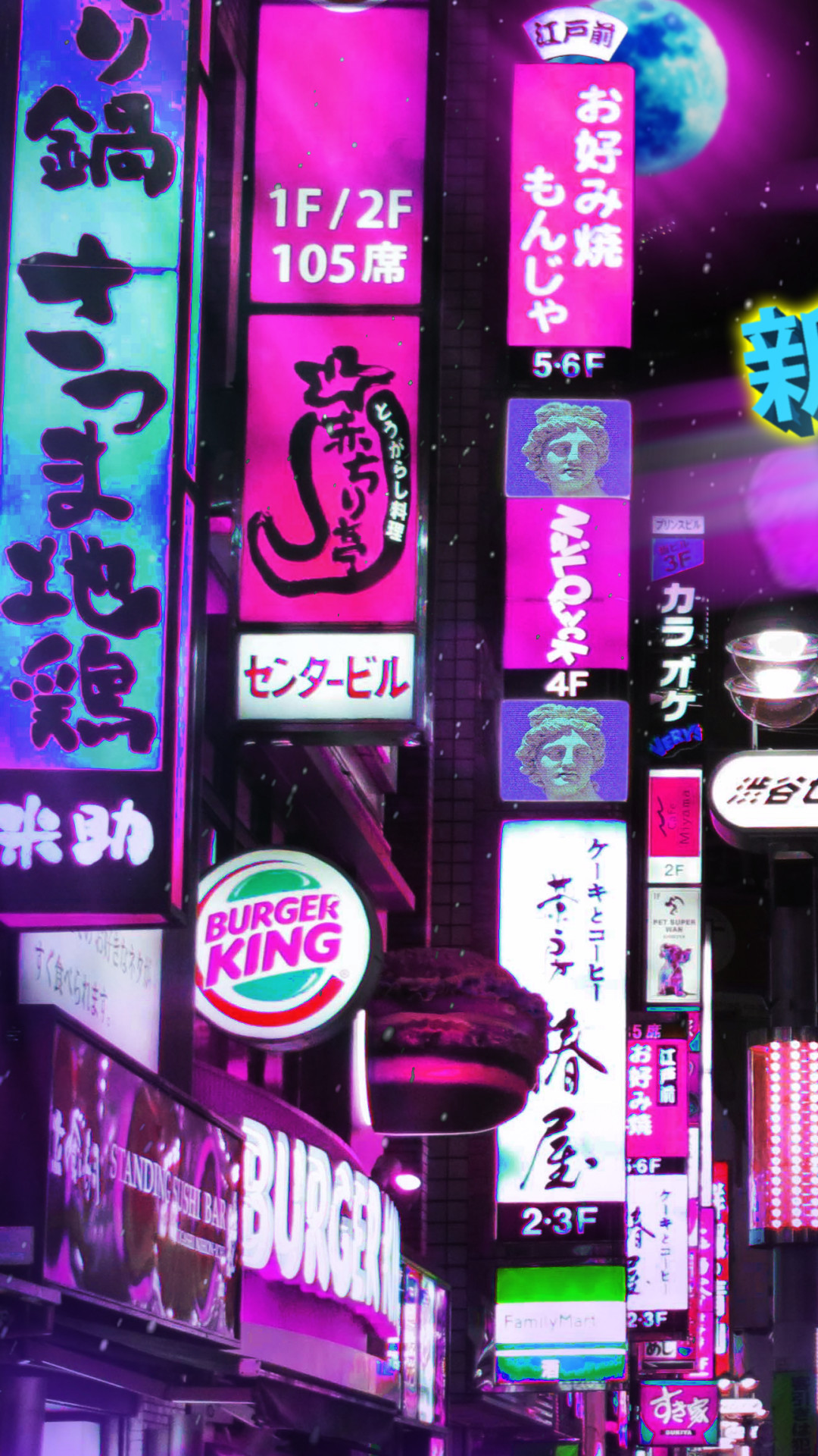Vaporwave, Insegne al neon, Burger King, Giappone, Notte, sfondo per iPhone e Android