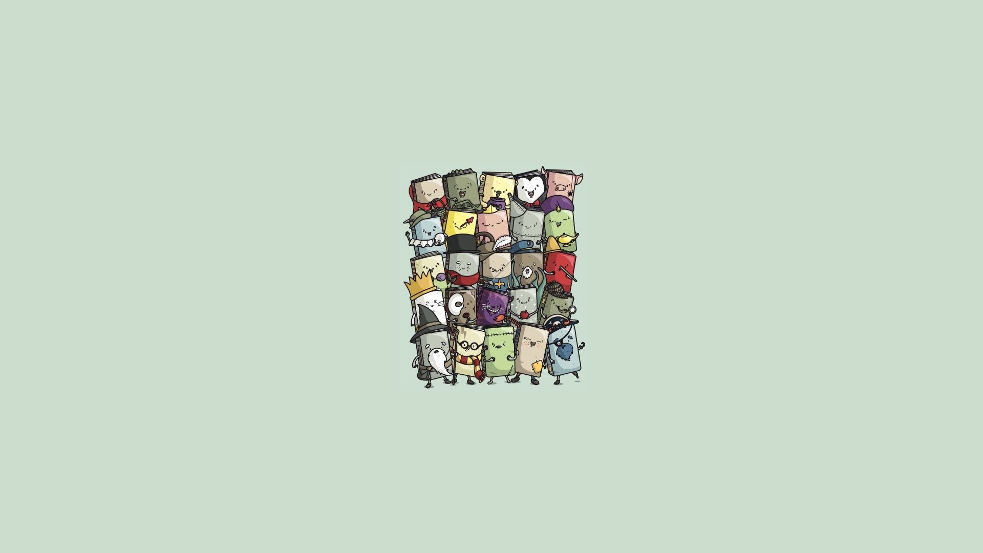 Harry Potter, Personaggi chibi, Sfondo verde chiaro, Minimalismo, wallpaper 1920x1080