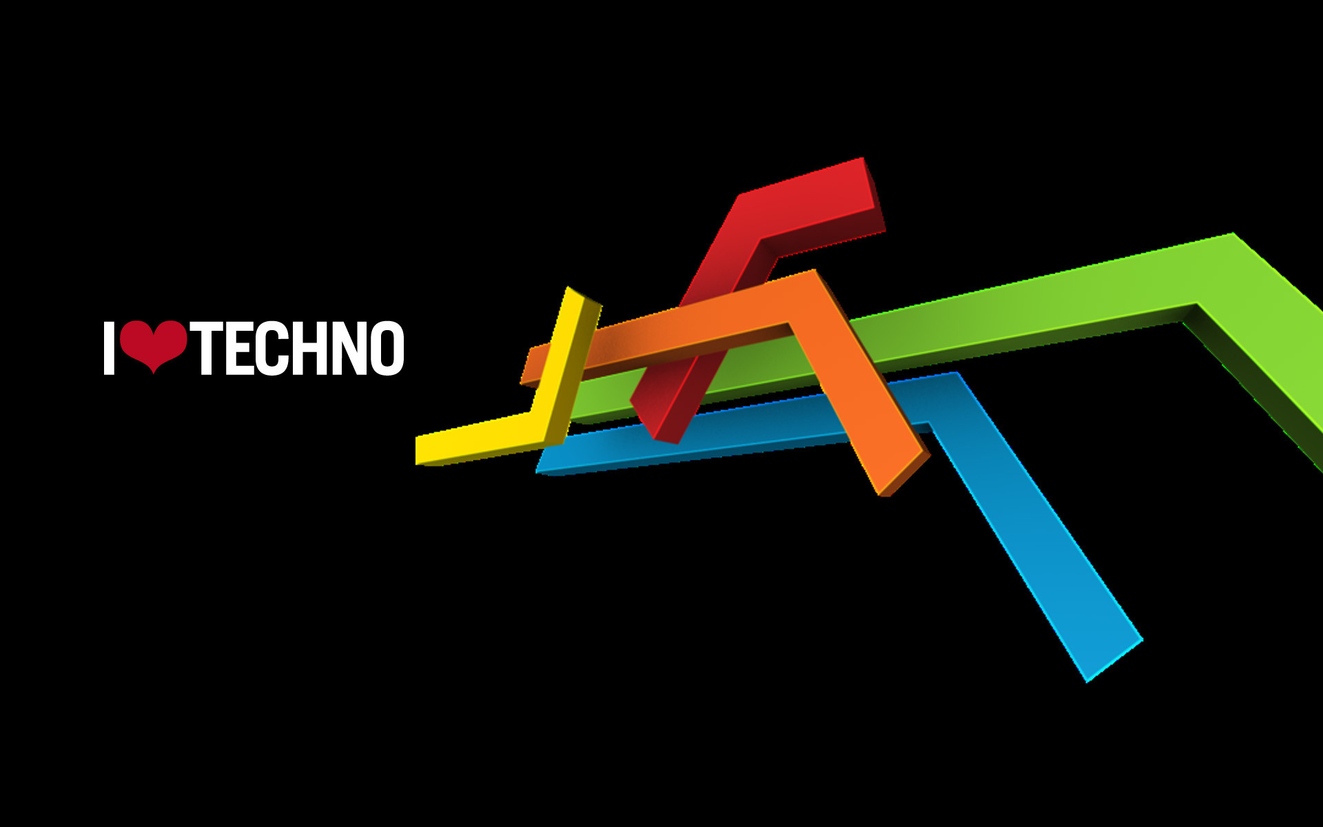 I Love Techno, Forme 3D colorate, Sfondo nero, Full HD, wallpaper per PC