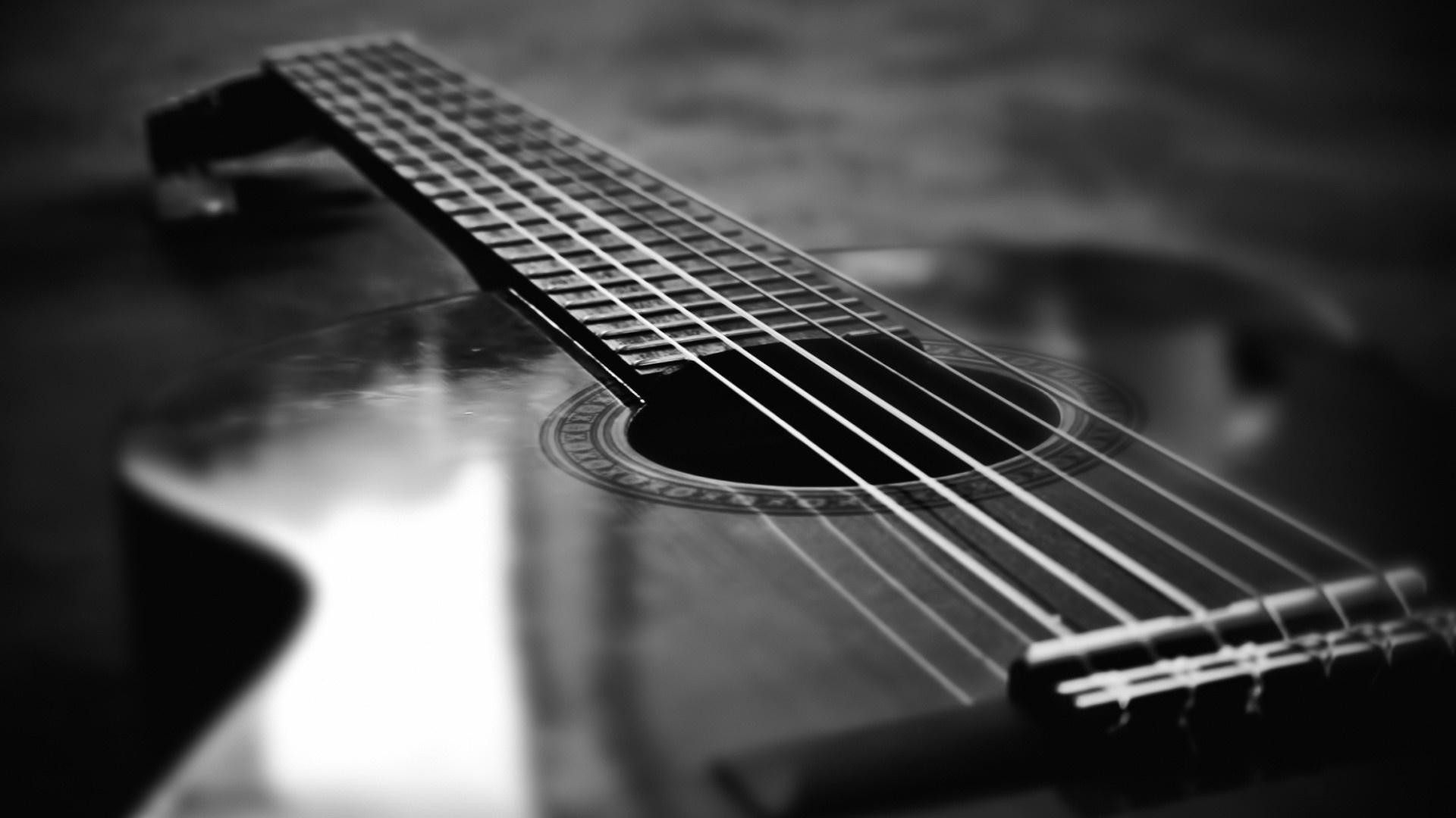 Chitarra acustica, Corde, Bianco e nero, Prospettiva, Full HD, sfondo Windows 11