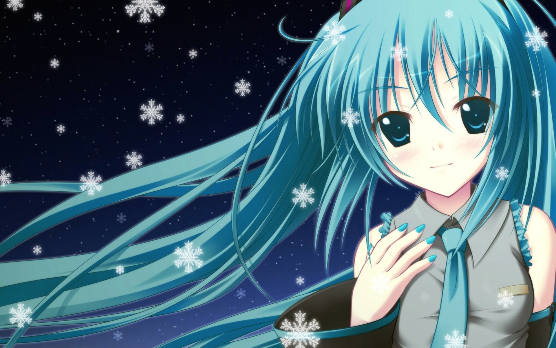 Hatsune Miku, Vocaloid, Fiocchi di neve, Anime, Full HD, sfondo desktop