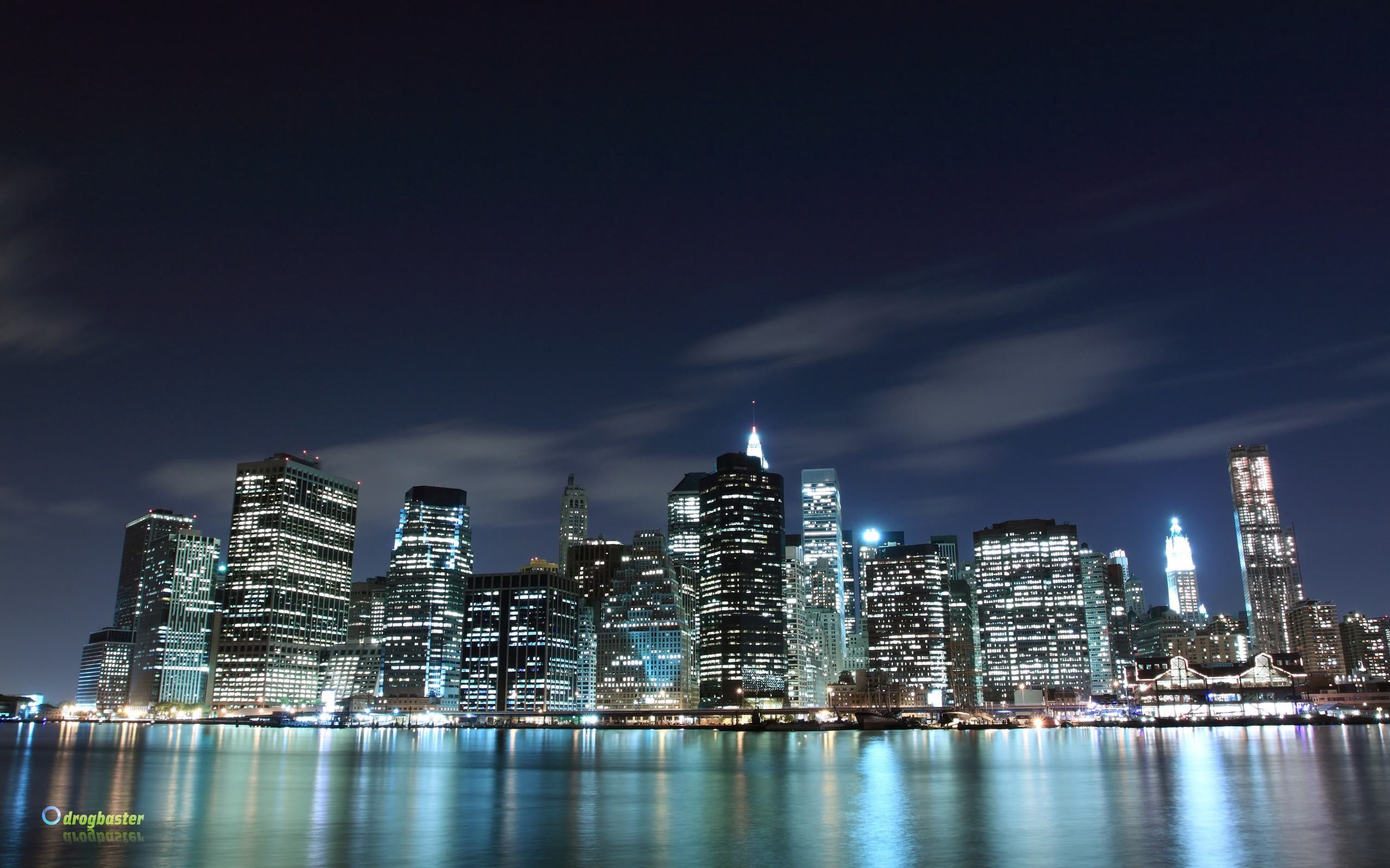 Manhattan, New York, Skyline, Notte, Riflesso, 2K, wallpaper per portatile
