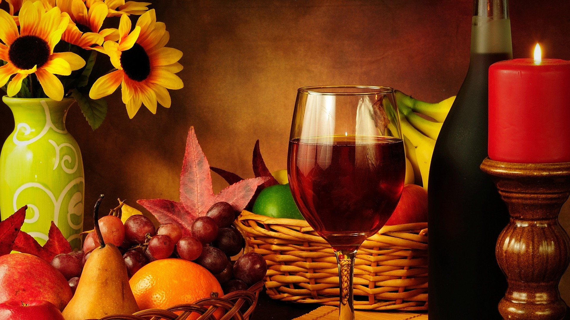 Vino rosso, Natura morta, Candela, Girasoli, Frutta, Full HD 1080p, sfondo desktop