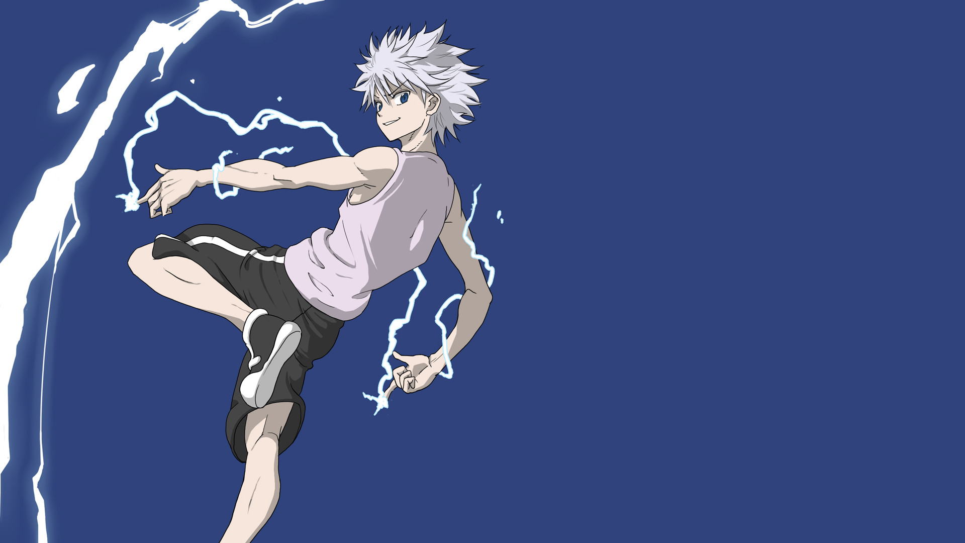 Killua Zoldyck, Hunter x Hunter, Fulmini, Sfondo blu, 16:9 Full HD, wallpaper widescreen