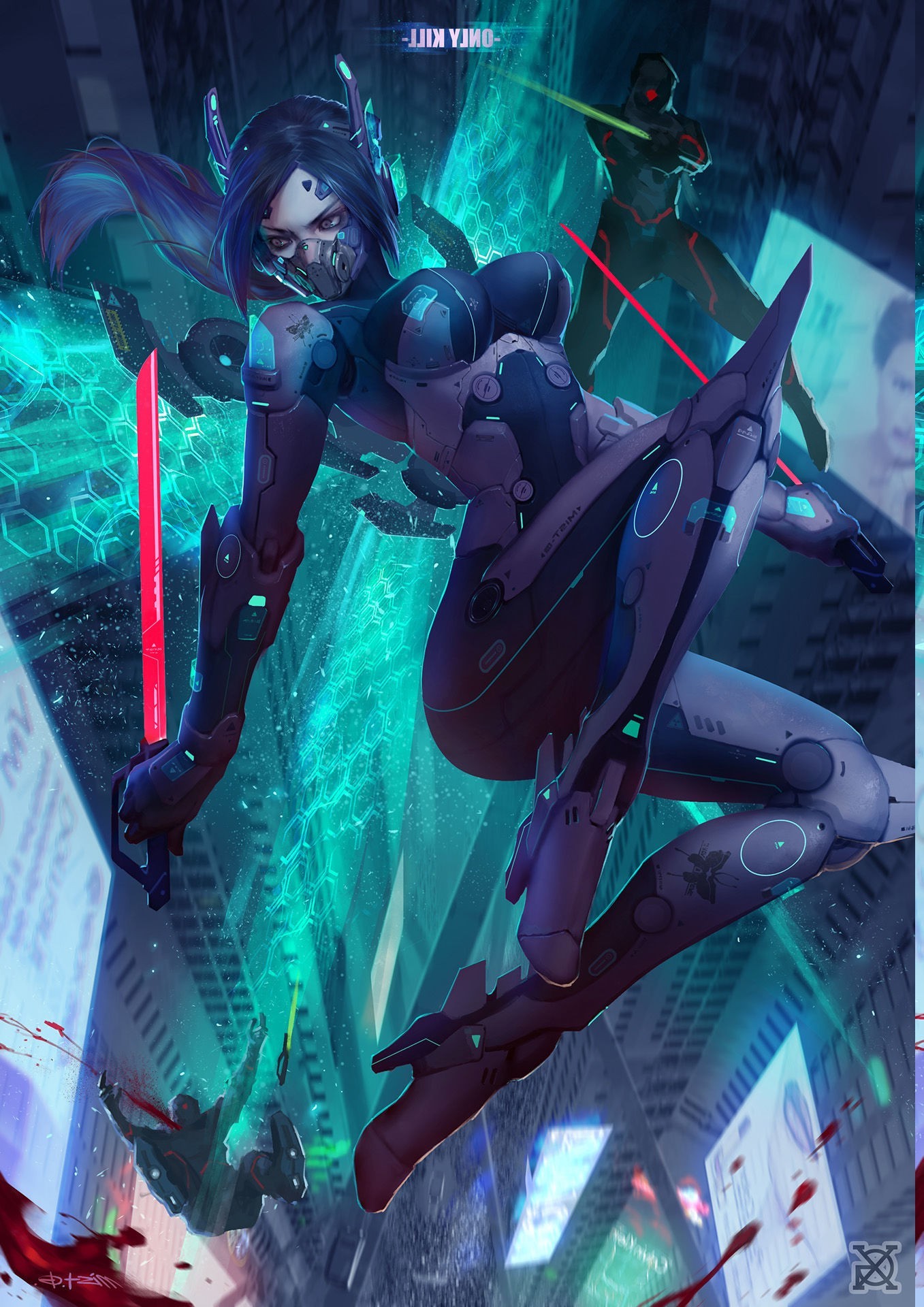 Ragazza cyberpunk, Cyborg, Arte digitale, Verde acqua, Full HD, schermata di blocco iPad