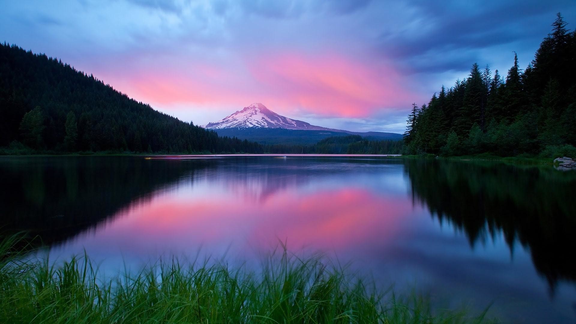 Mount Hood, Trillium Lake, Oregon, Tramonto, Riflesso, Full HD, wallpaper per computer