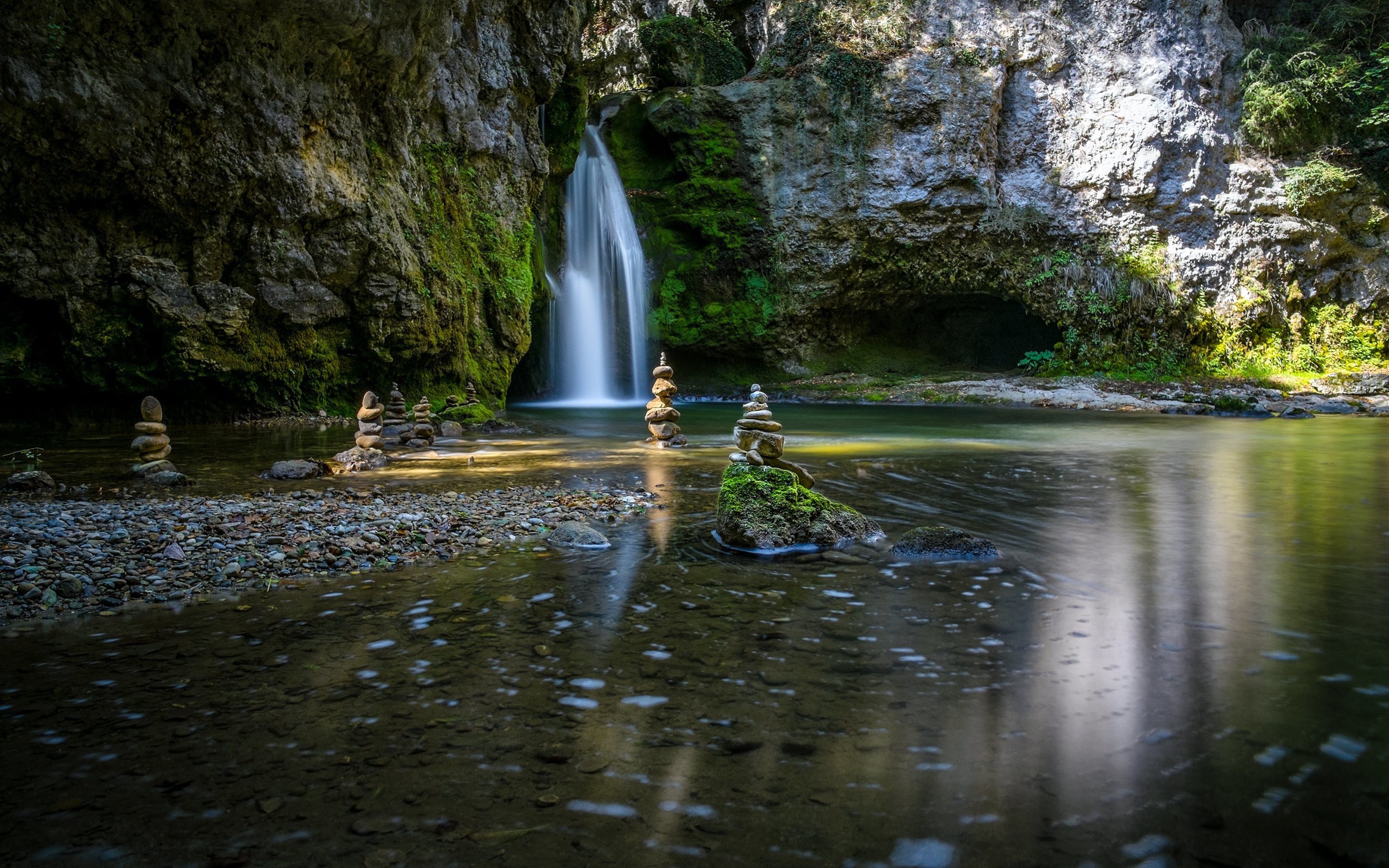 Cascata, Cairn, Torrente, Grotta, 2K, sfondo per PC