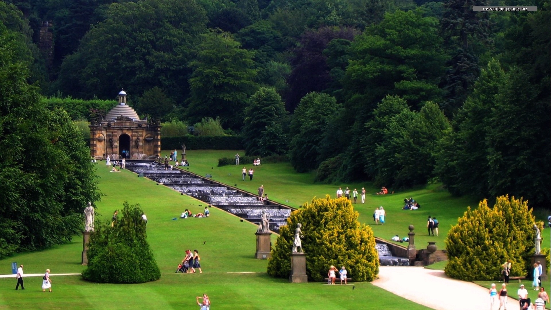 Chatsworth House, Cascade, Giardino inglese, Parco, wallpaper per desktop