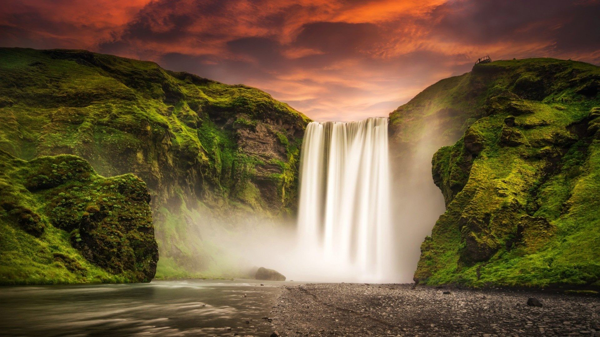 Skógafoss, Islanda, Cascata, Tramonto, Full HD 1080p, sfondo desktop