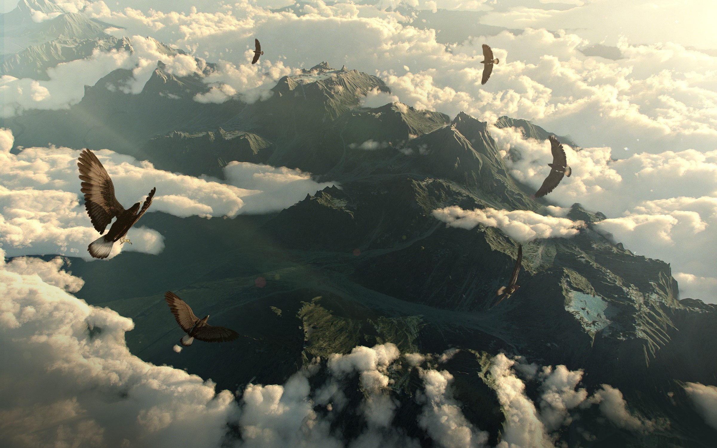 Aquile, Montagne Nebbiose, Lo Hobbit, Nuvole, 2400x1500, sfondo MacBook Pro