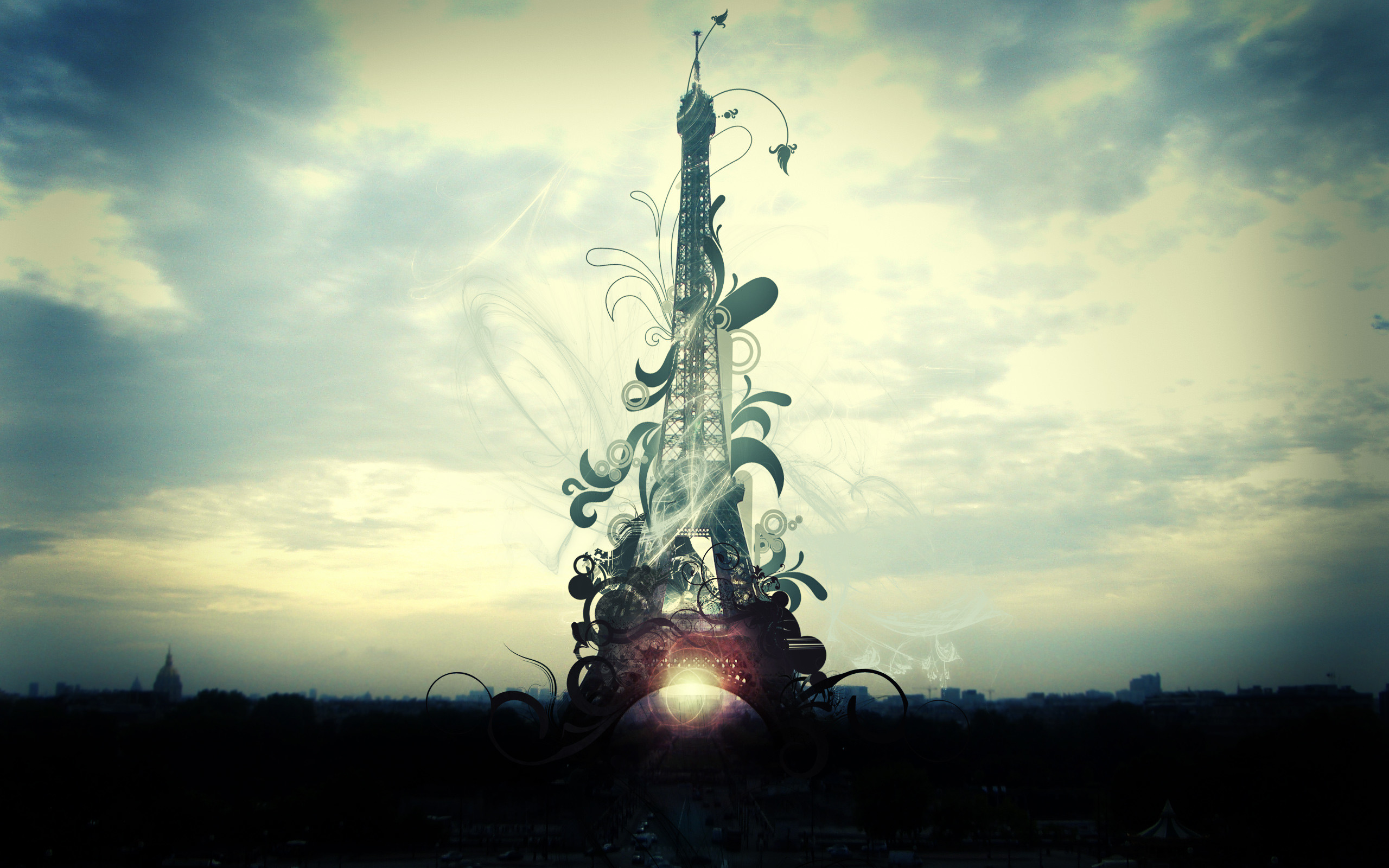 Torre Eiffel, Arte digitale, Ornamenti, Tramonto, 2K, wallpaper per portatile
