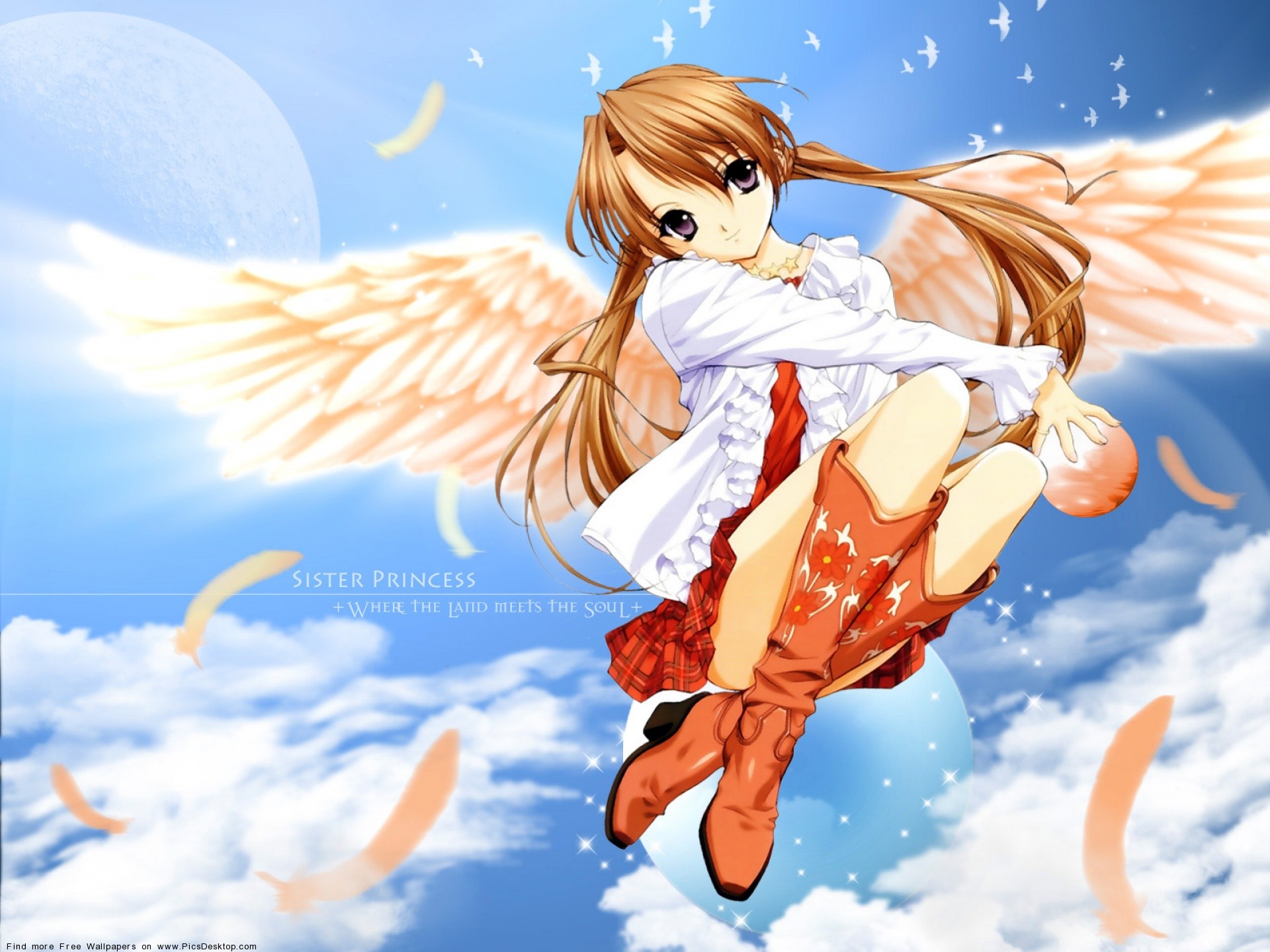 Ragazza anime, Ali d'angelo, Nuvole, Cielo, Anime, Full HD, sfondo per iPad e tablet
